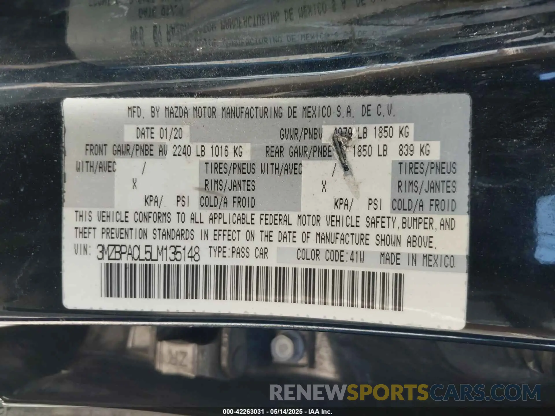 9 fotografías del automóvil dañado 3MZBPACL5LM135148 MAZDA MAZDA3 2020
