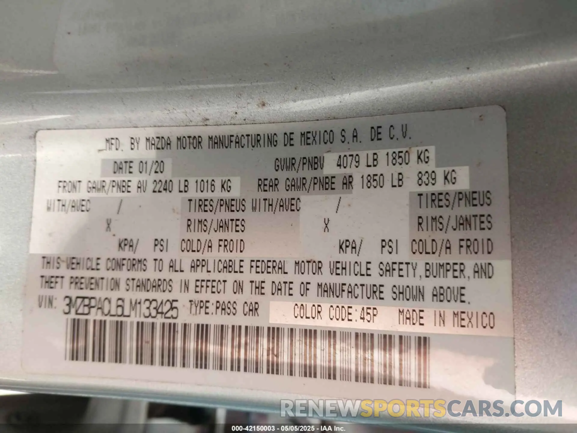 9 fotografías del automóvil dañado 3MZBPACL6LM133425 MAZDA MAZDA3 2020