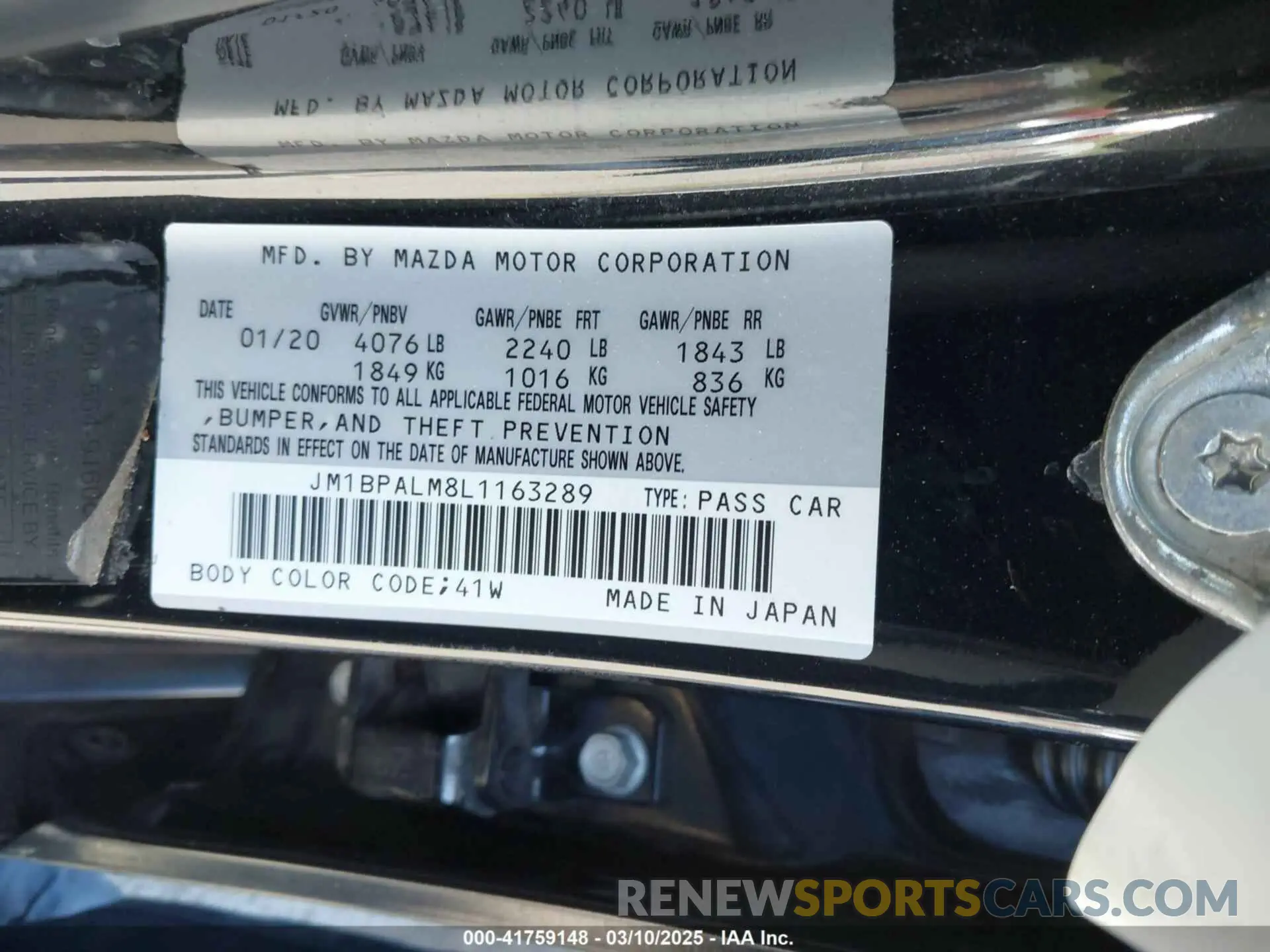 9 fotografías del automóvil dañado JM1BPALM8L1163289 MAZDA MAZDA3 2020