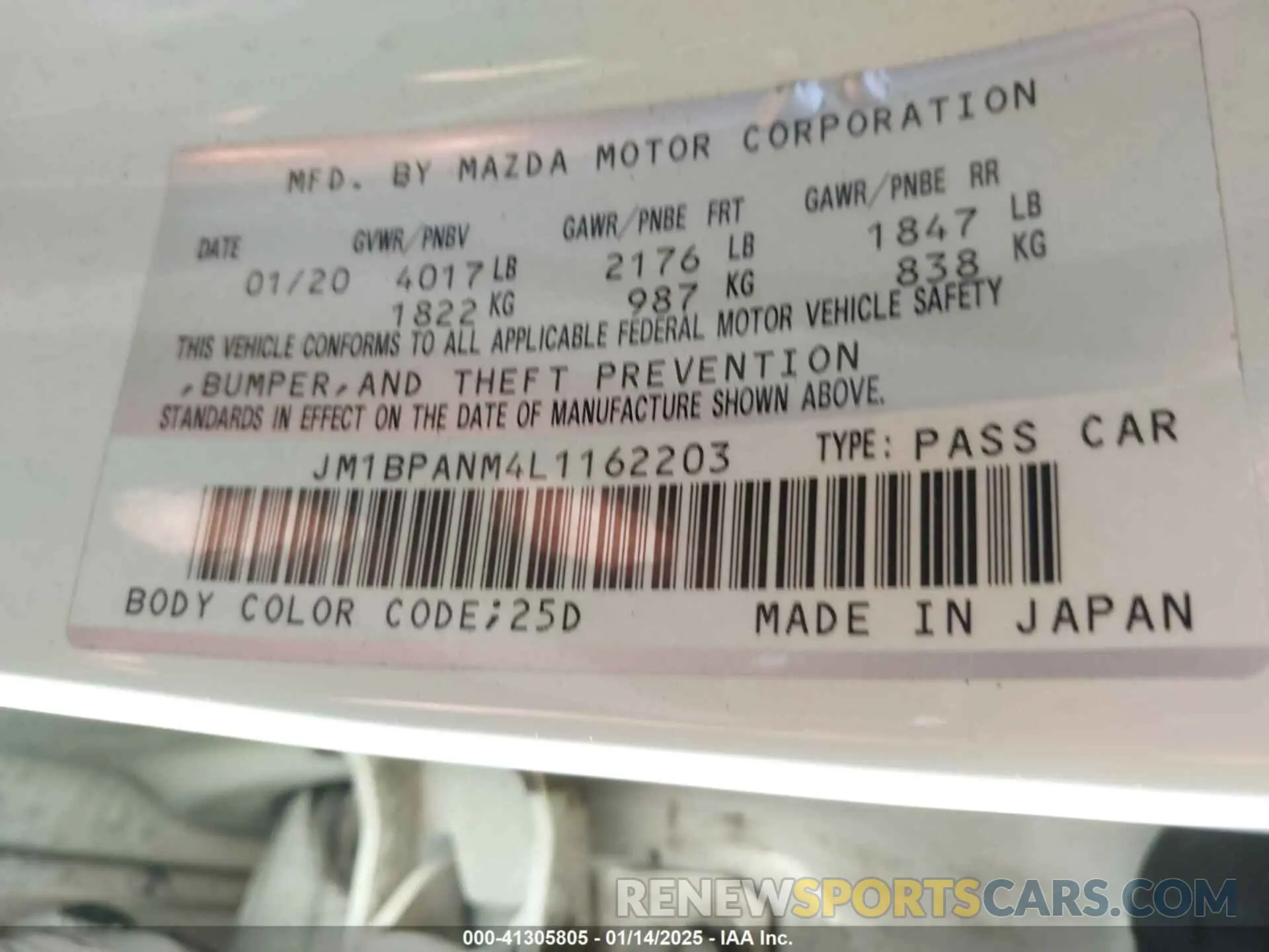 9 fotografías del automóvil dañado JM1BPANM4L1162203 MAZDA MAZDA3 2020