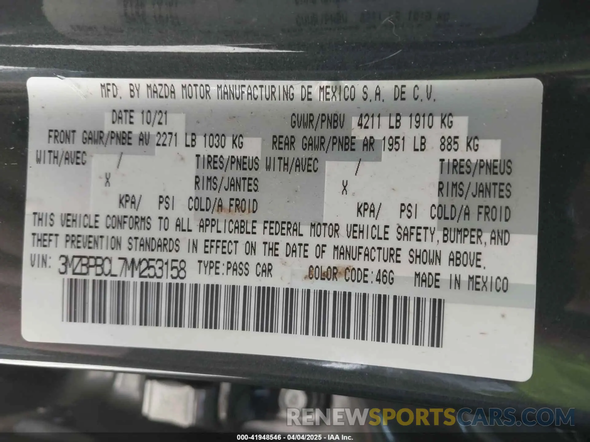 9 fotografías del automóvil dañado 3MZBPBCL7MM253158 MAZDA MAZDA3 2021