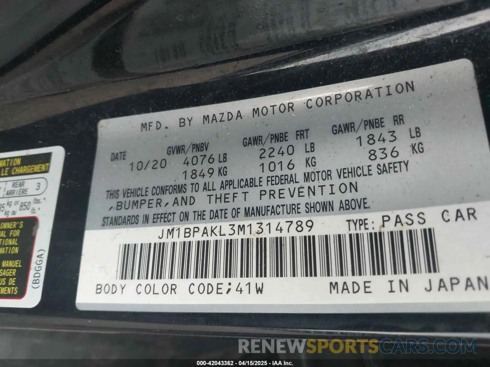 9 fotografías del automóvil dañado JM1BPAKL3M1314789 MAZDA MAZDA3 2021