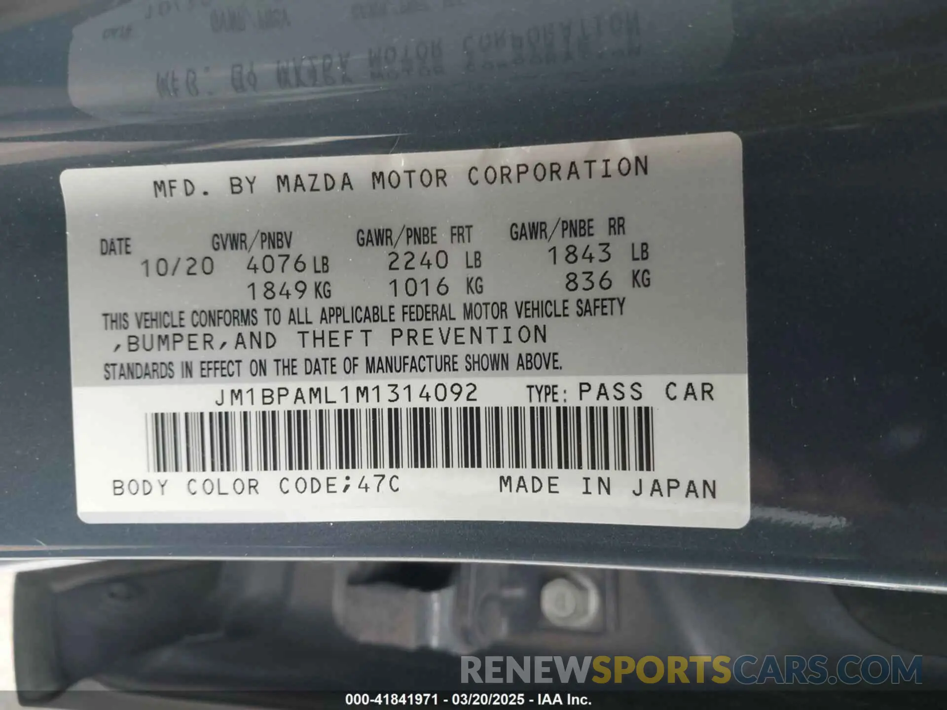 9 fotografías del automóvil dañado JM1BPAML1M1314092 MAZDA MAZDA3 2021