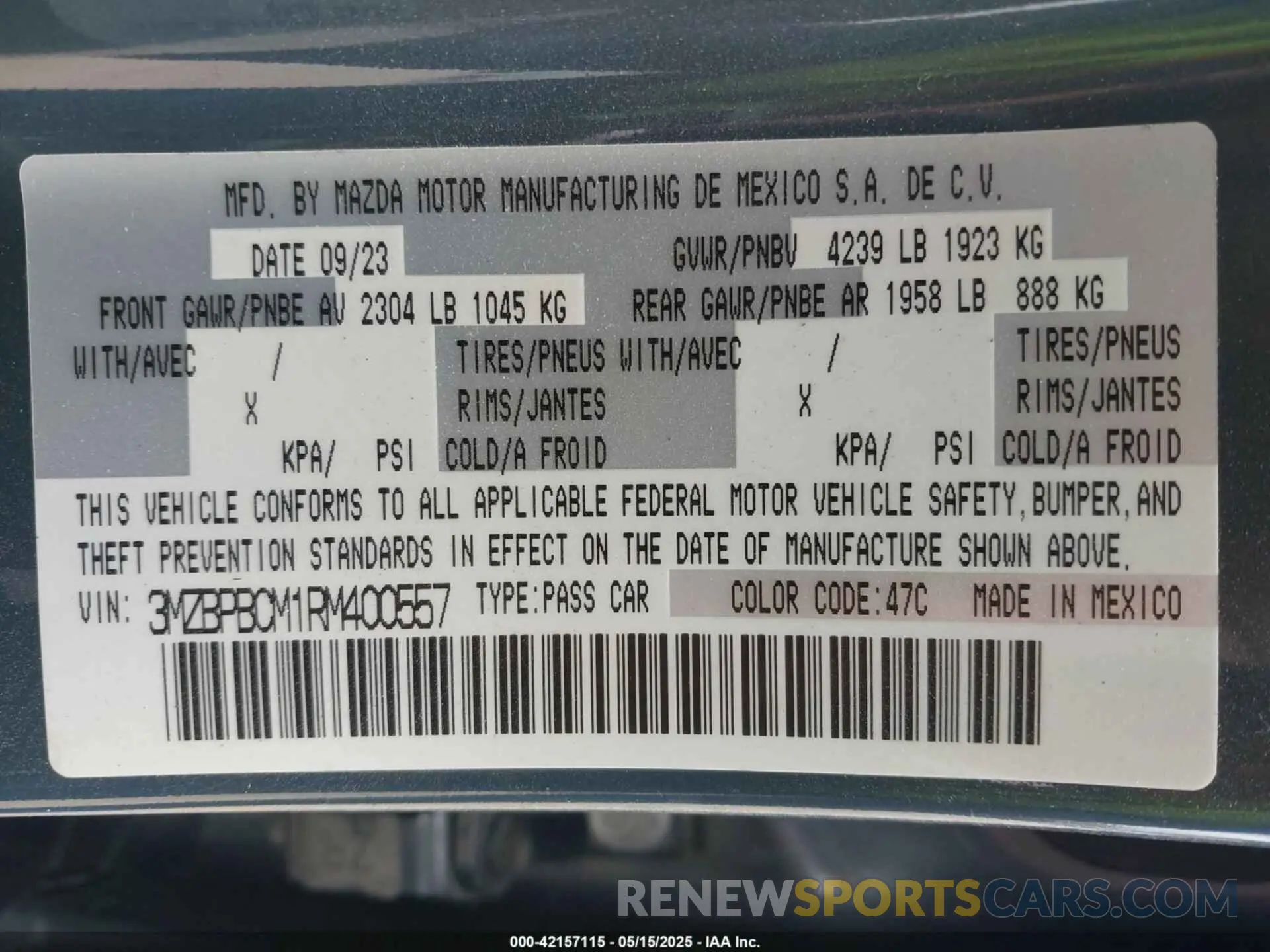 9 fotografías del automóvil dañado 3MZBPBCM1RM400557 MAZDA MAZDA3 2024