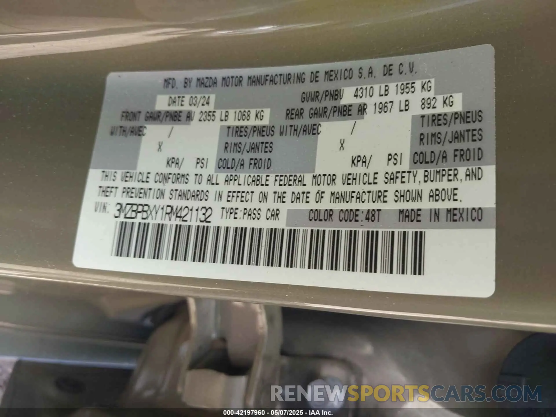 9 fotografías del automóvil dañado 3MZBPBXY1RM421132 MAZDA MAZDA3 2024