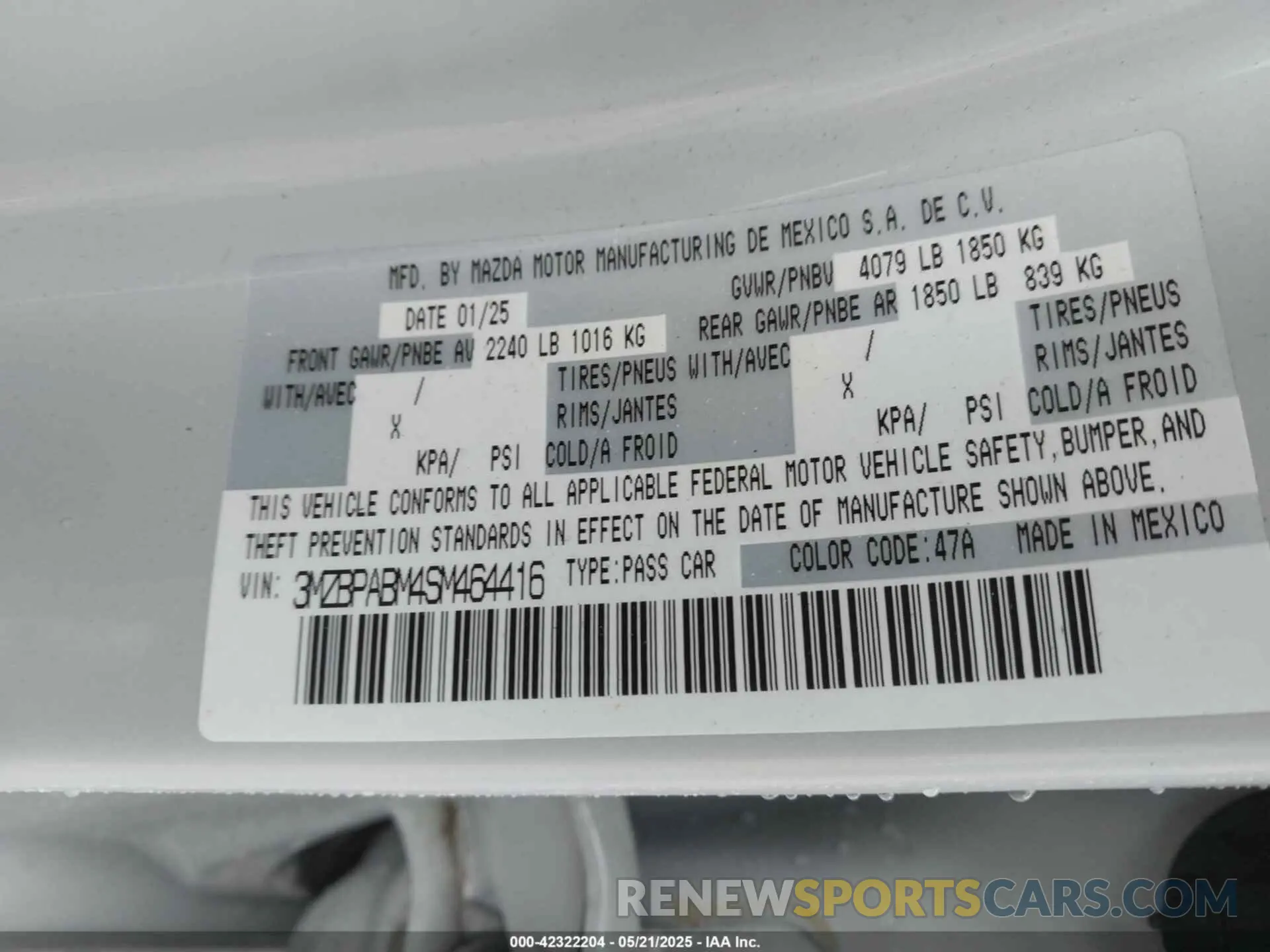 9 fotografías del automóvil dañado 3MZBPABM4SM464416 MAZDA MAZDA3 2025
