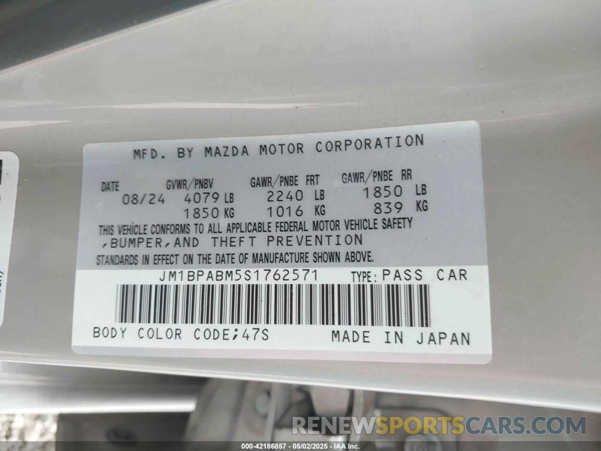 9 fotografías del automóvil dañado JM1BPABM5S1762571 MAZDA MAZDA3 2025