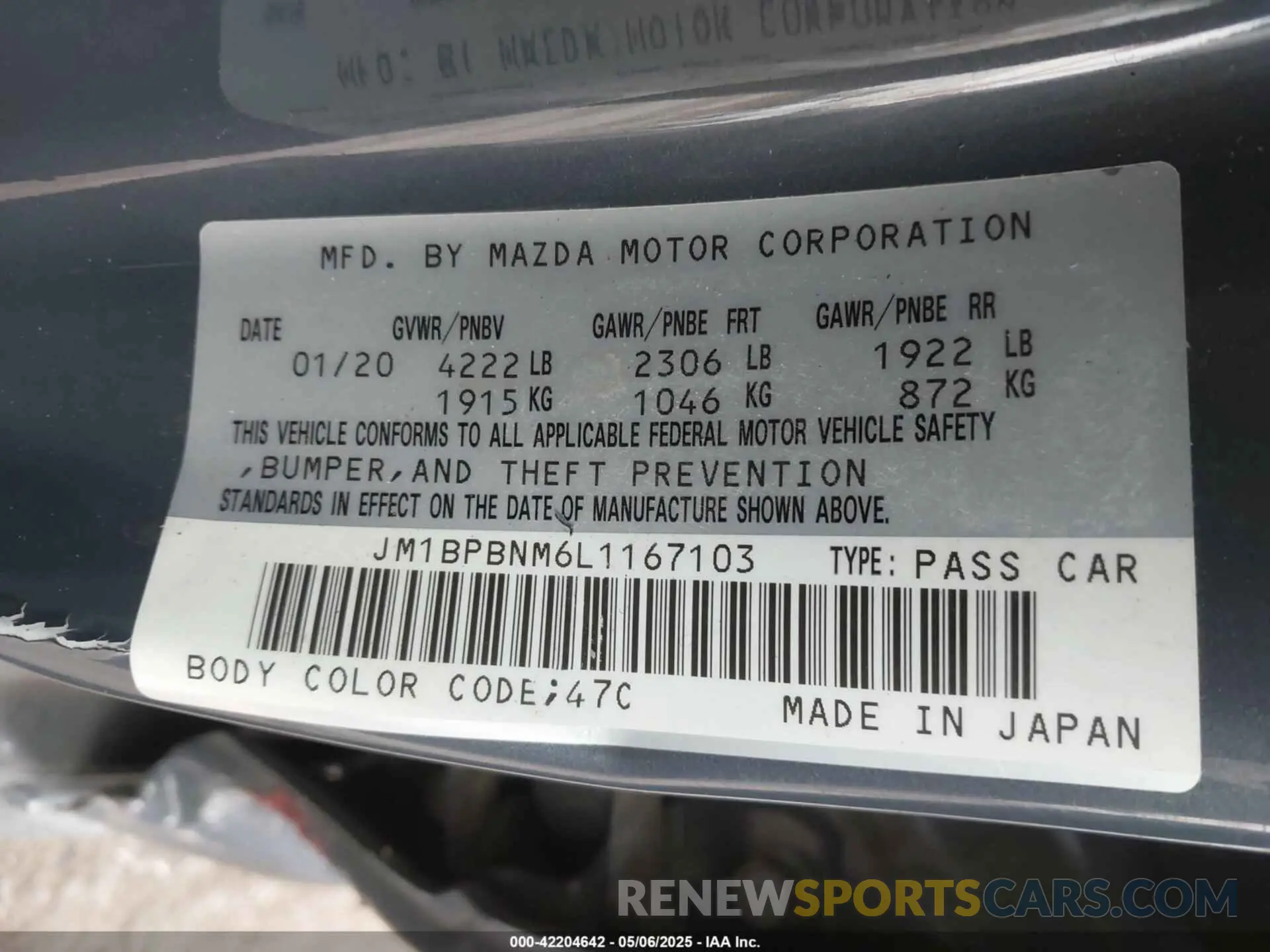 9 fotografías del automóvil dañado JM1BPBNM6L1167103 MAZDA MAZDA3 HATCHBACK 2020