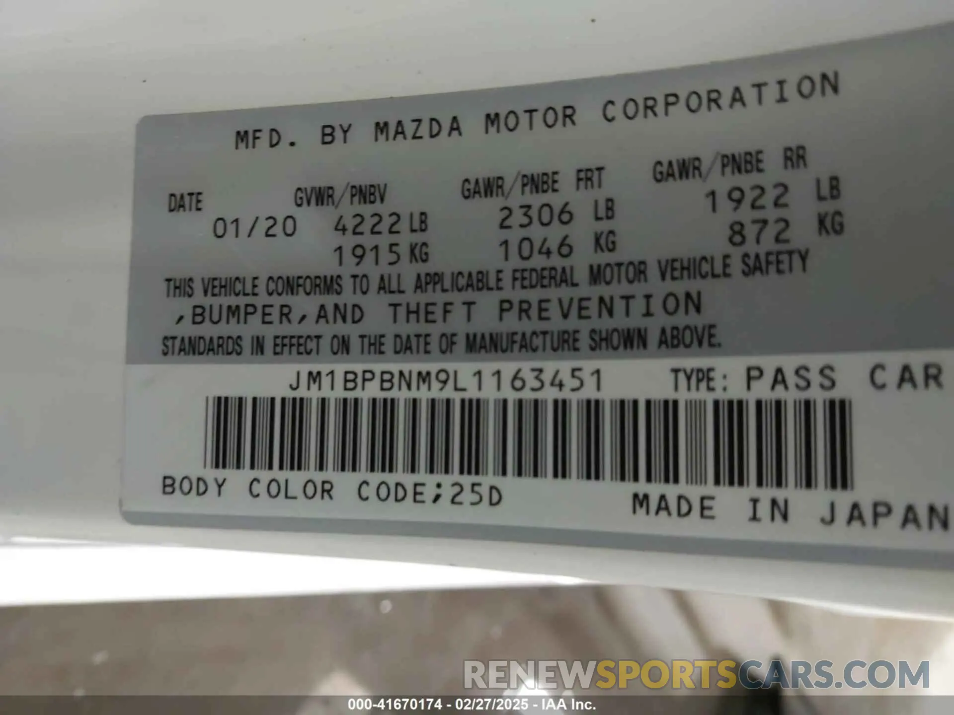 9 fotografías del automóvil dañado JM1BPBNM9L1163451 MAZDA MAZDA3 HATCHBACK 2020