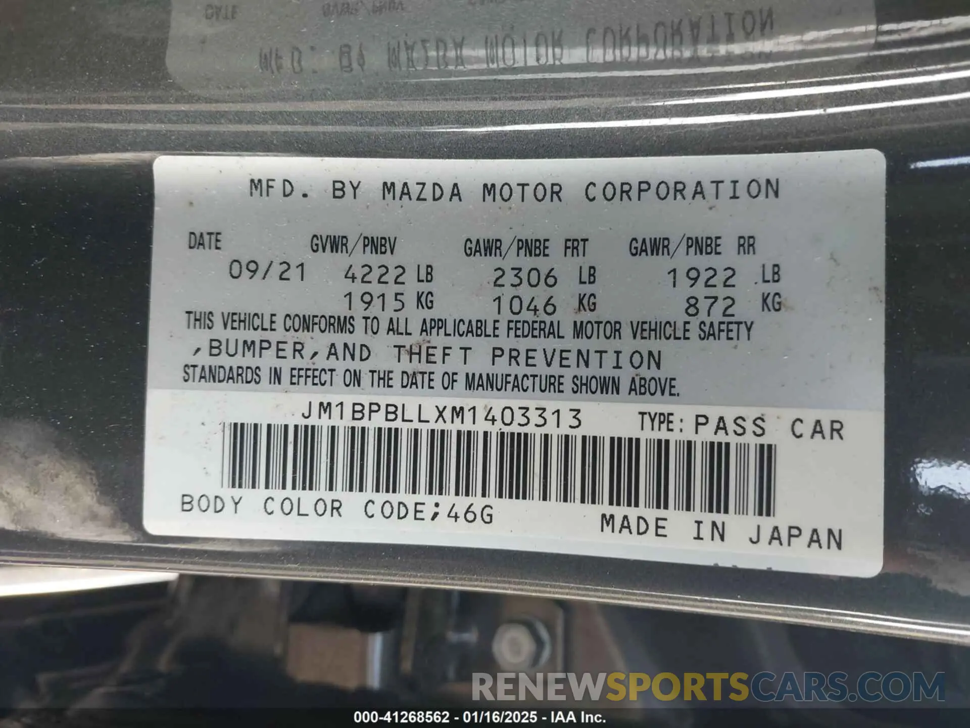 9 fotografías del automóvil dañado JM1BPBLLXM1403313 MAZDA MAZDA3 HATCHBACK 2021
