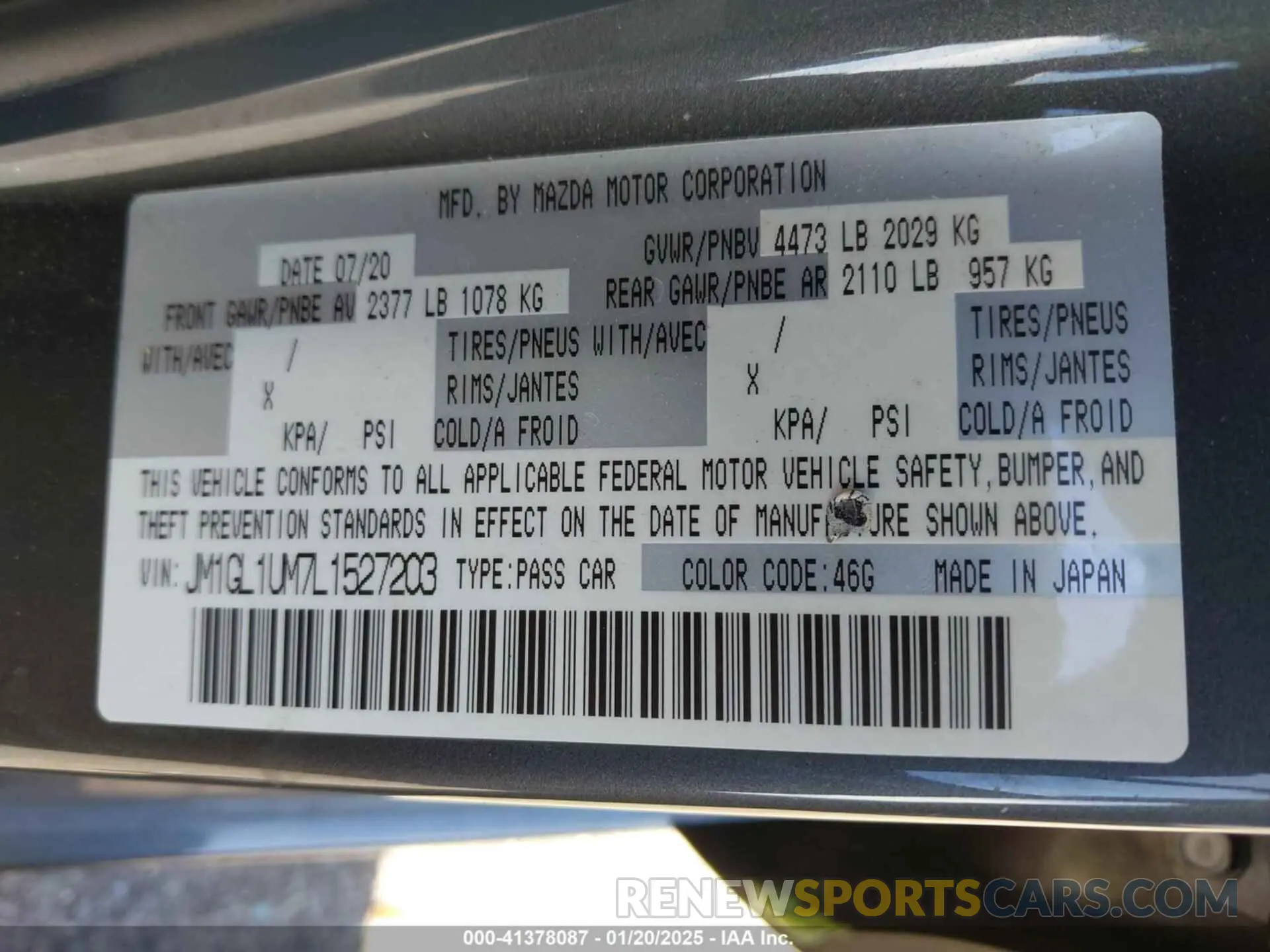 9 fotografías del automóvil dañado JM1GL1UM7L1527203 MAZDA MAZDA6 2020