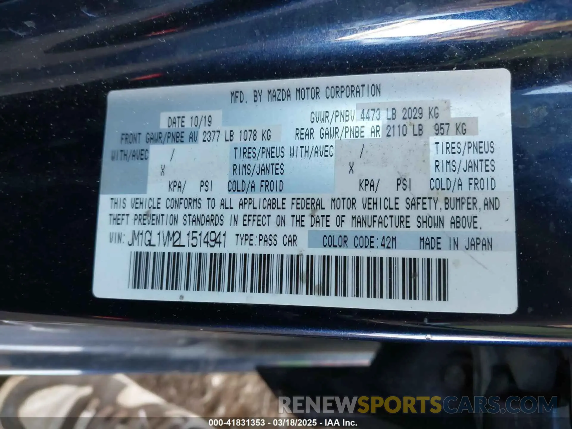 9 fotografías del automóvil dañado JM1GL1VM2L1514941 MAZDA MAZDA6 2020
