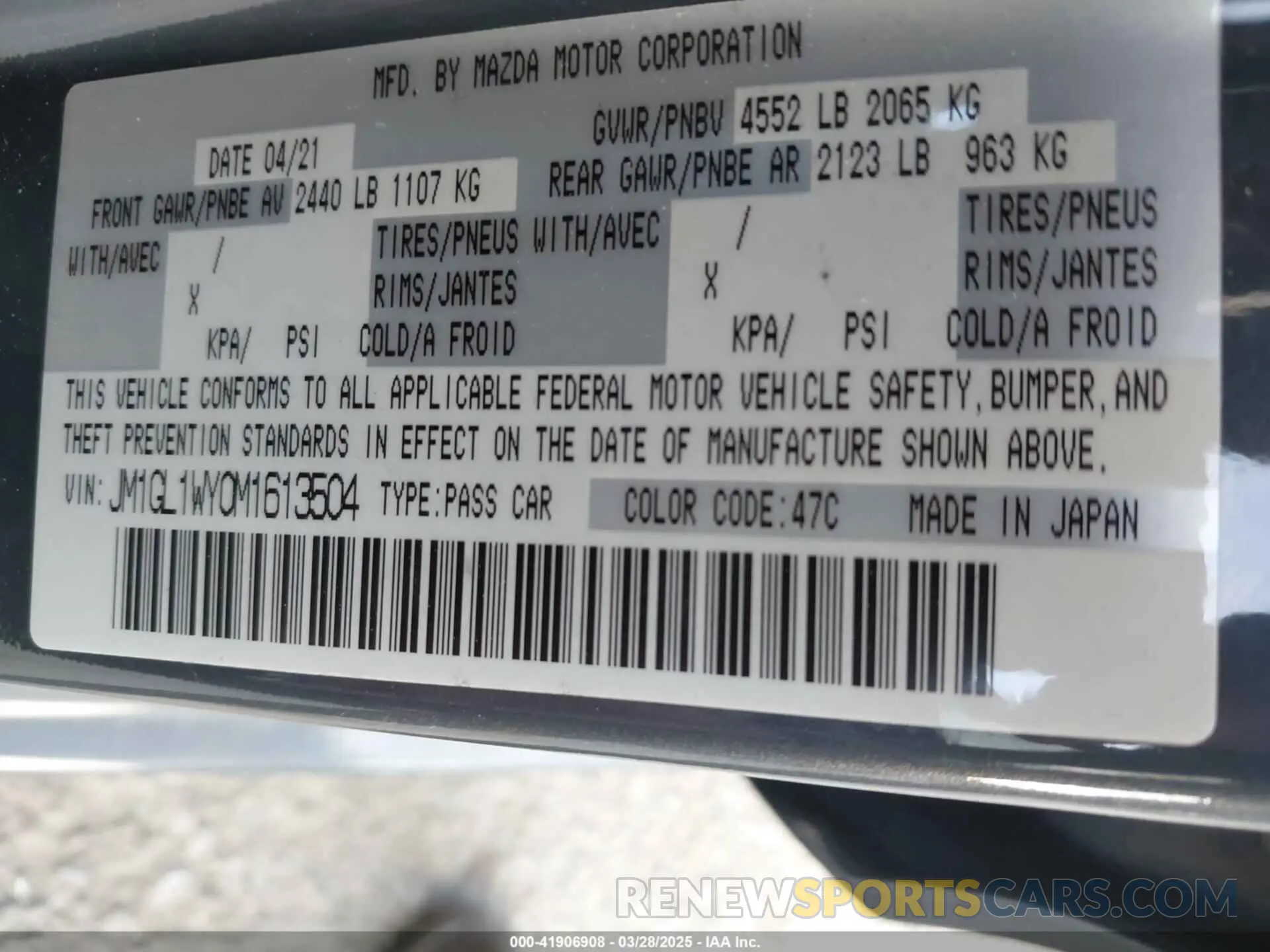9 fotografías del automóvil dañado JM1GL1WY0M1613504 MAZDA MAZDA6 2021