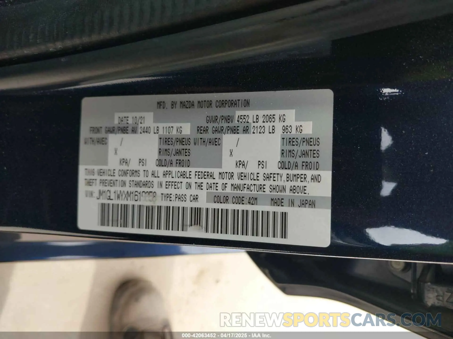 9 fotografías del automóvil dañado JM1GL1WYXM1619858 MAZDA MAZDA6 2021