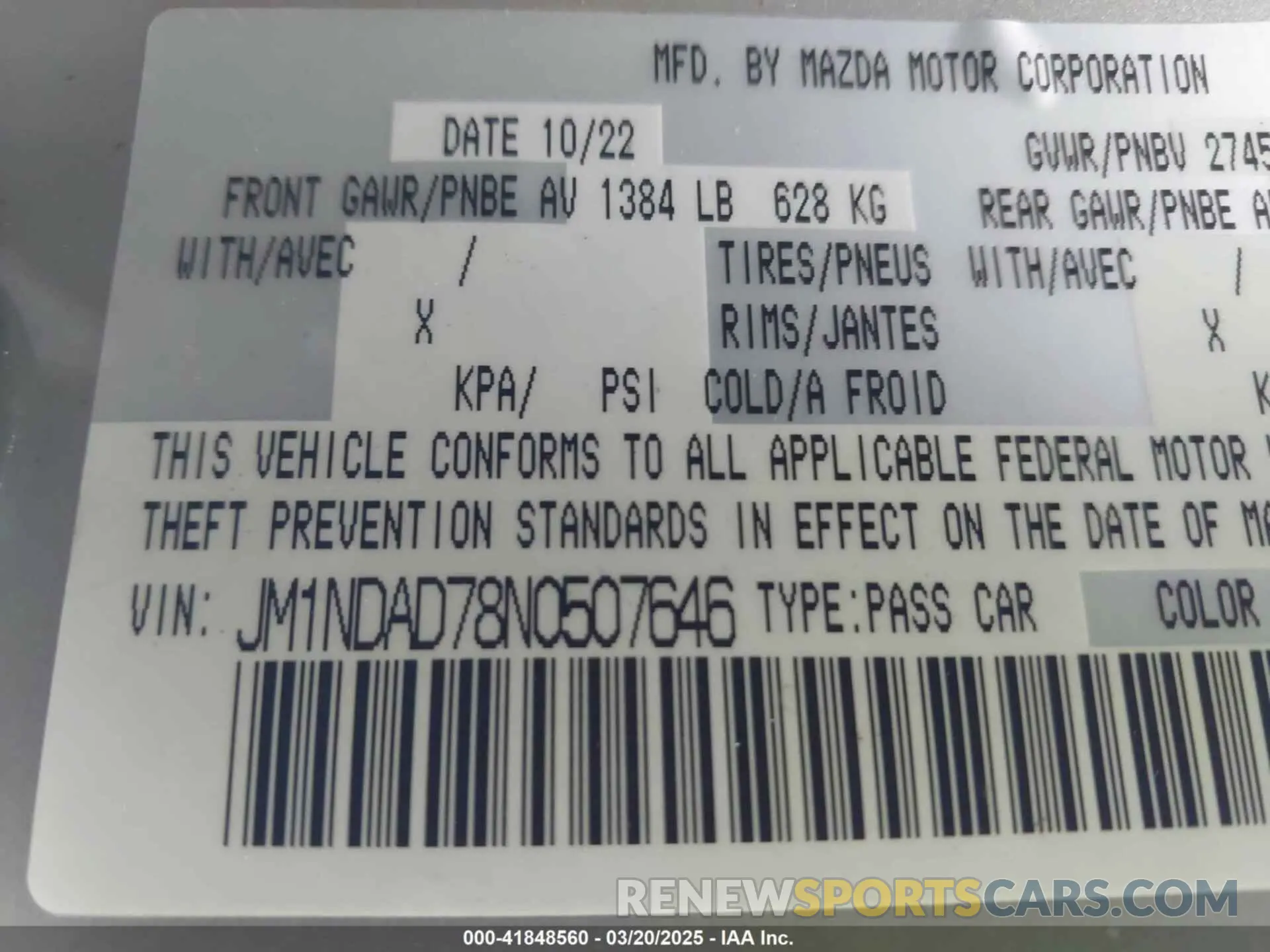 9 fotografías del automóvil dañado JM1NDAD78N0507646 MAZDA MX-5 MIATA 2022