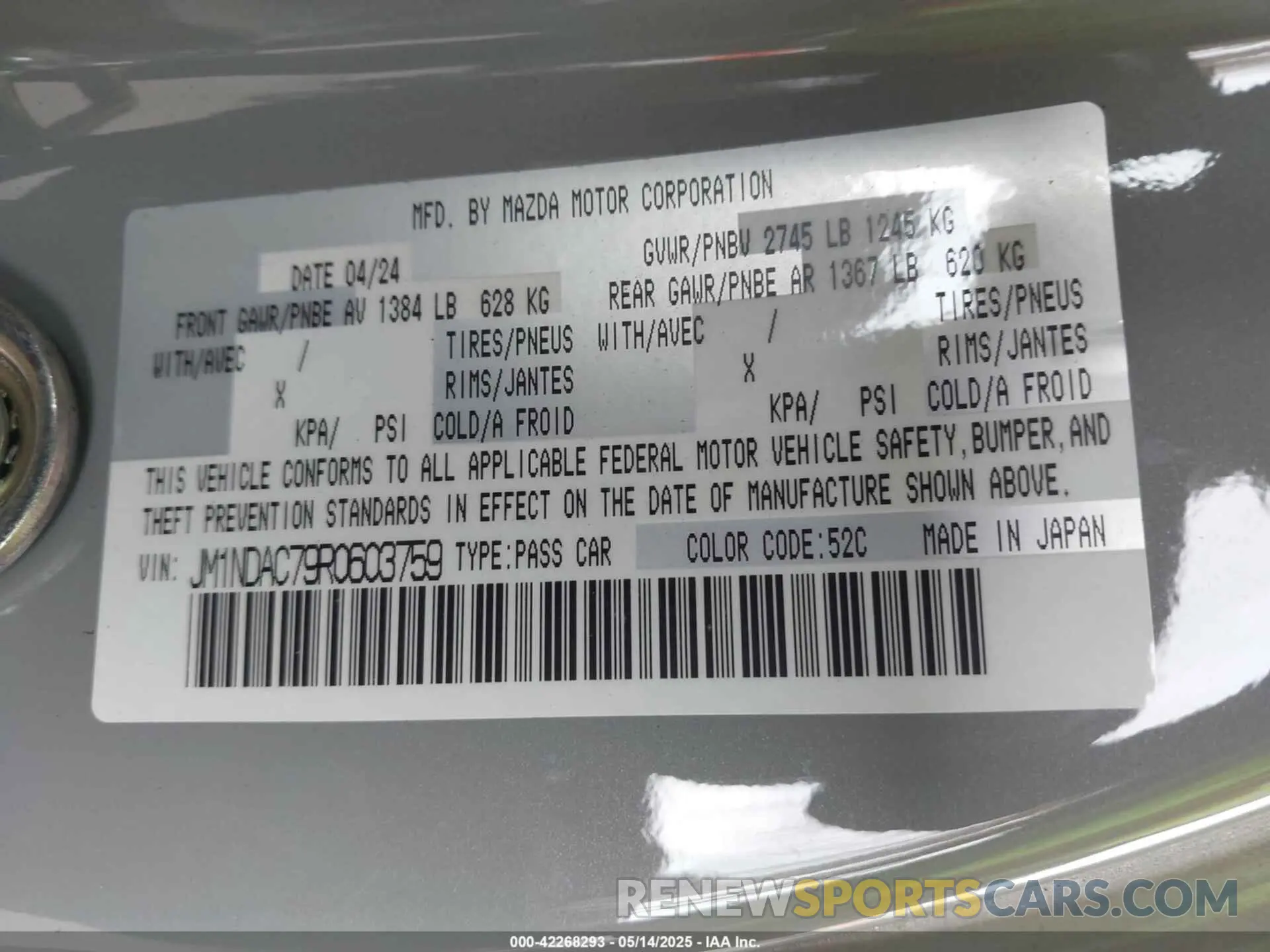 9 fotografías del automóvil dañado JM1NDAC79R0603759 MAZDA MX-5 MIATA 2024