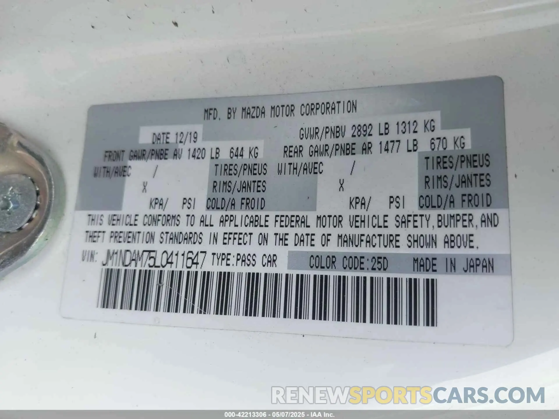 9 fotografías del automóvil dañado JM1NDAM75L0411647 MAZDA MX-5 MIATA RF 2020