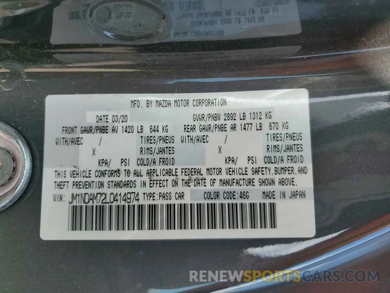 12 fotografías del automóvil dañado JM1NDAM72L0414974 MAZDA MX5 2020