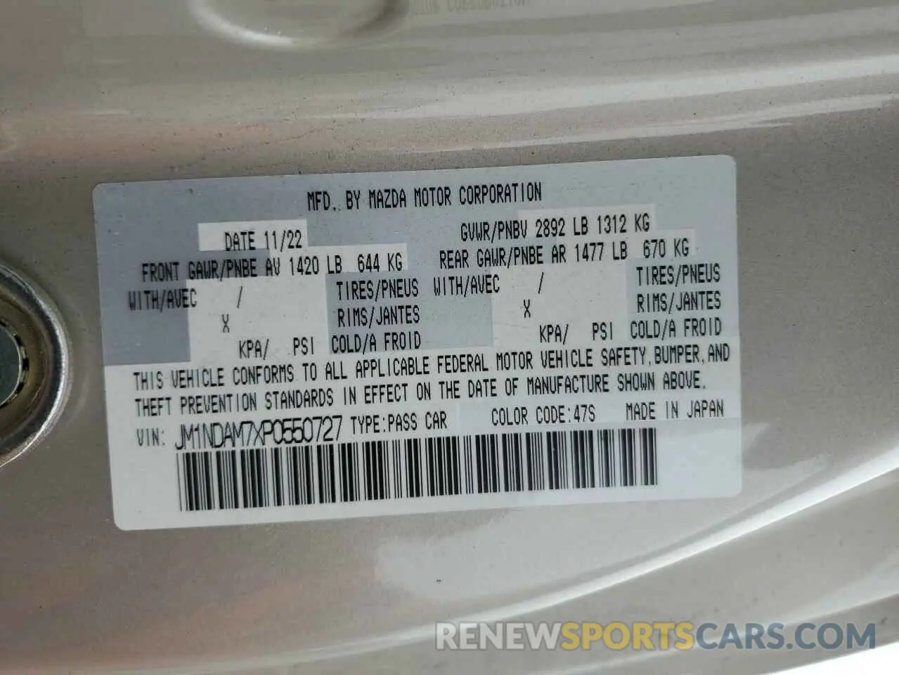 12 fotografías del automóvil dañado JM1NDAM7XP0550727 MAZDA MX5 2023