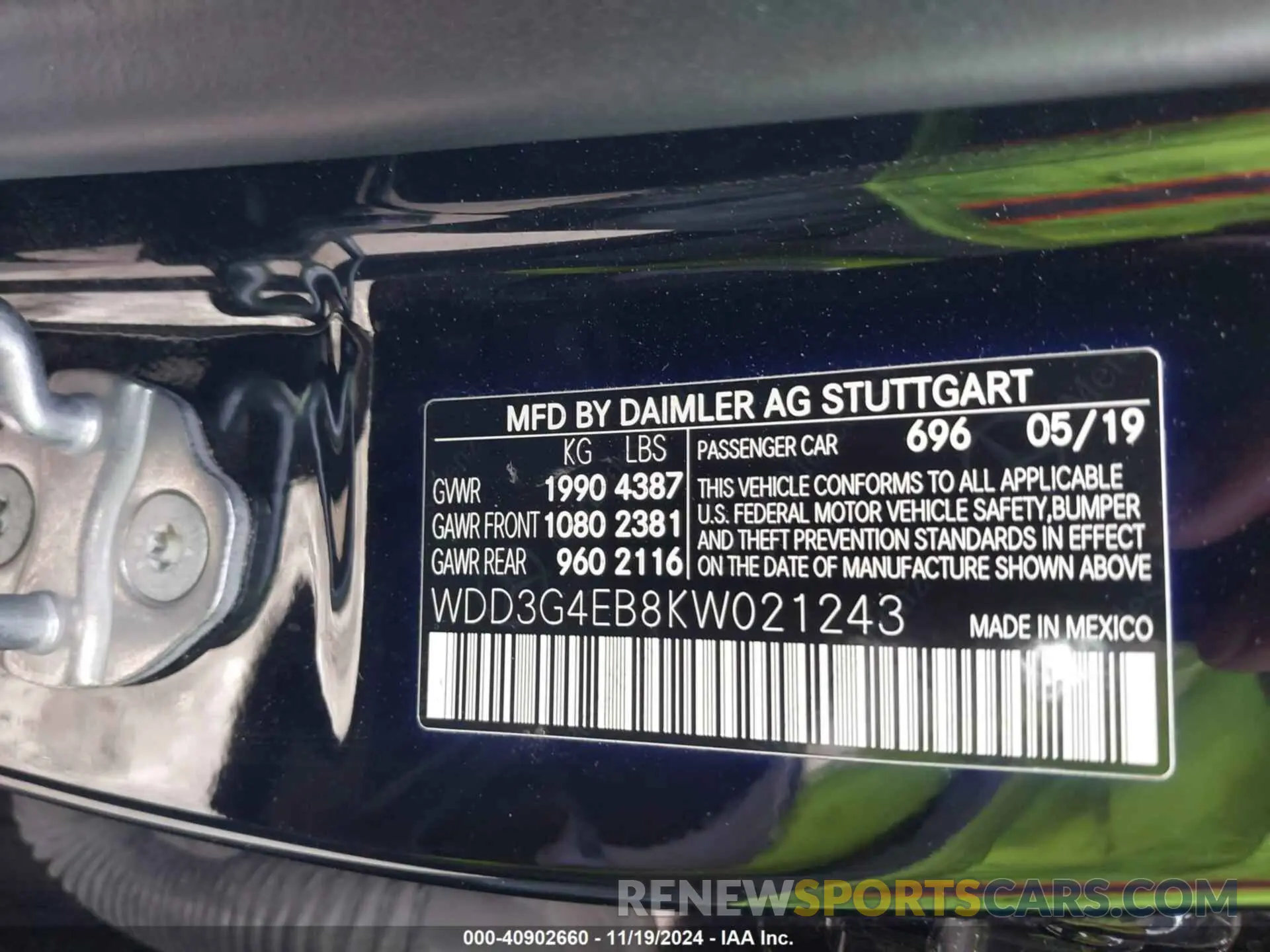 9 fotografías del automóvil dañado WDD3G4EB8KW021243 MERCEDES-BENZ A 2019