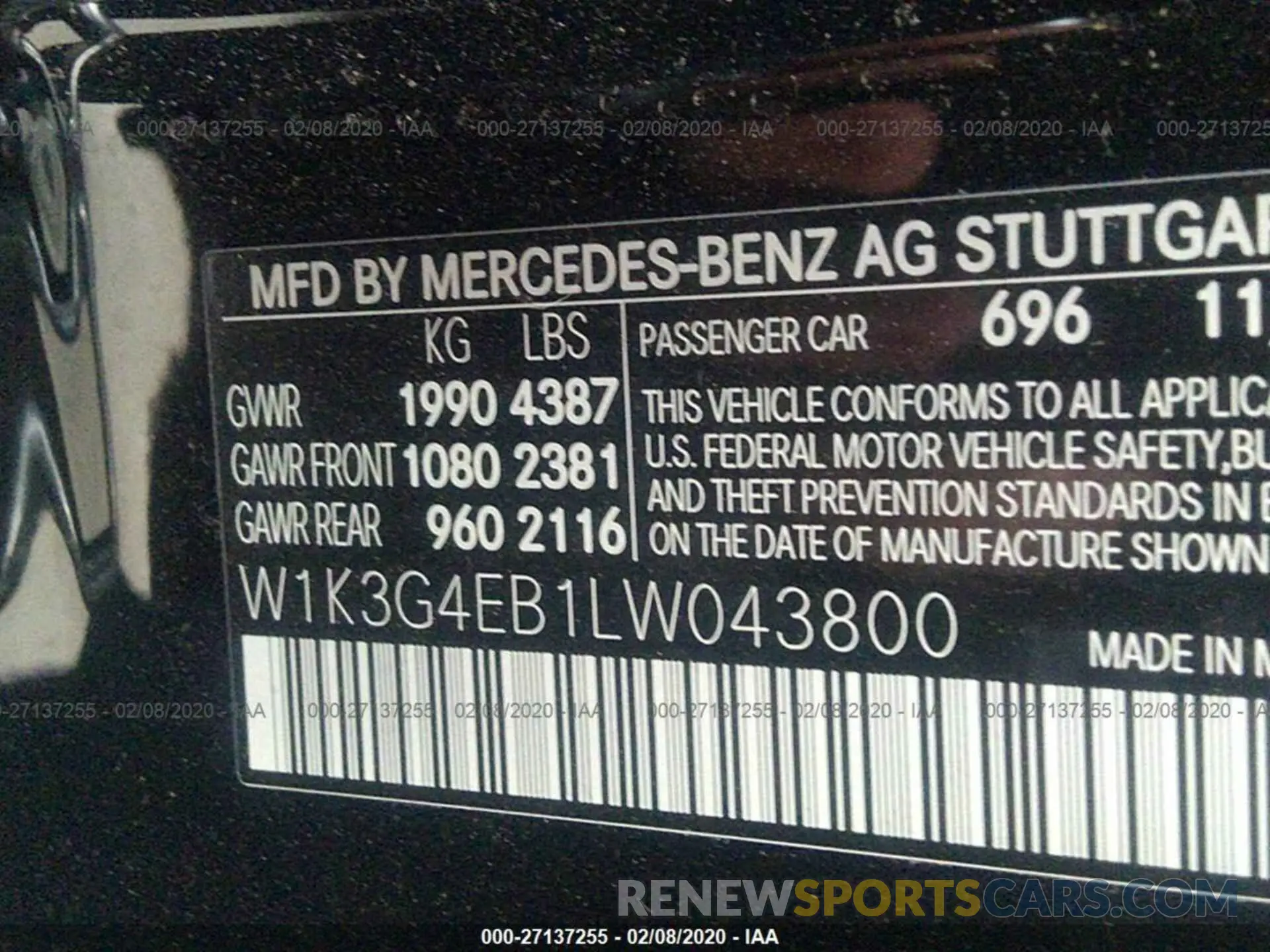 9 fotografías del automóvil dañado W1K3G4EB1LW043800 MERCEDES-BENZ A 2020