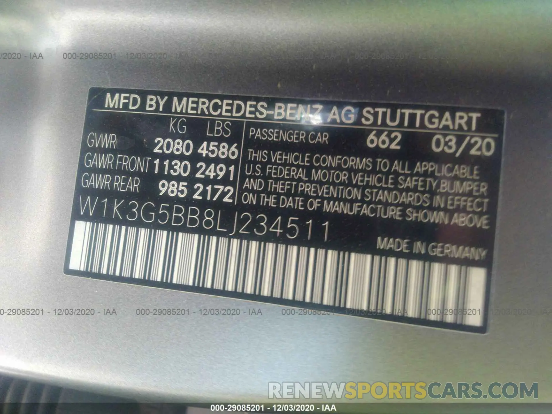 9 fotografías del automóvil dañado W1K3G5BB8LJ234511 MERCEDES-BENZ A 2020