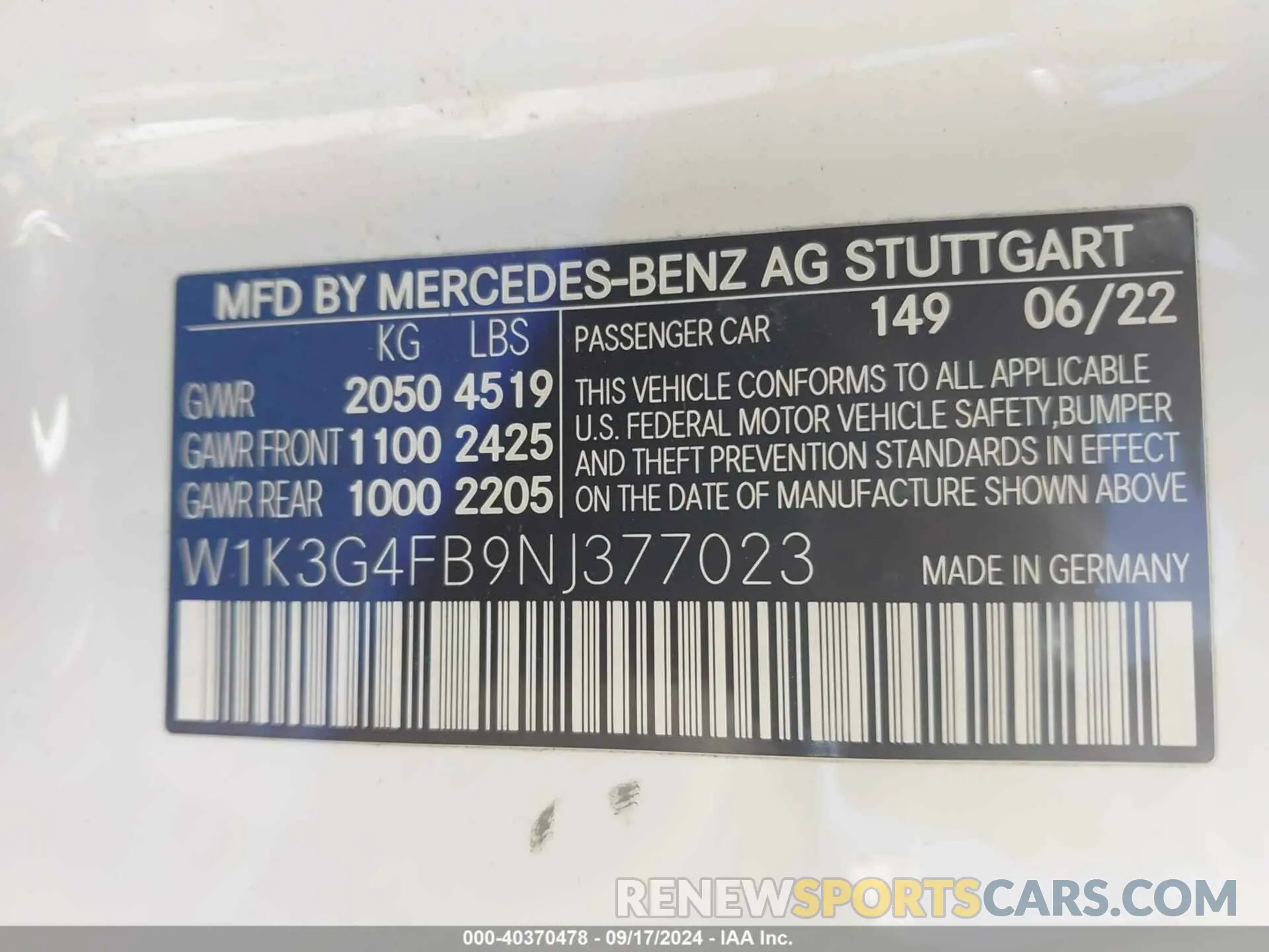 9 fotografías del automóvil dañado W1K3G4FB9NJ377023 MERCEDES-BENZ A 220 2022