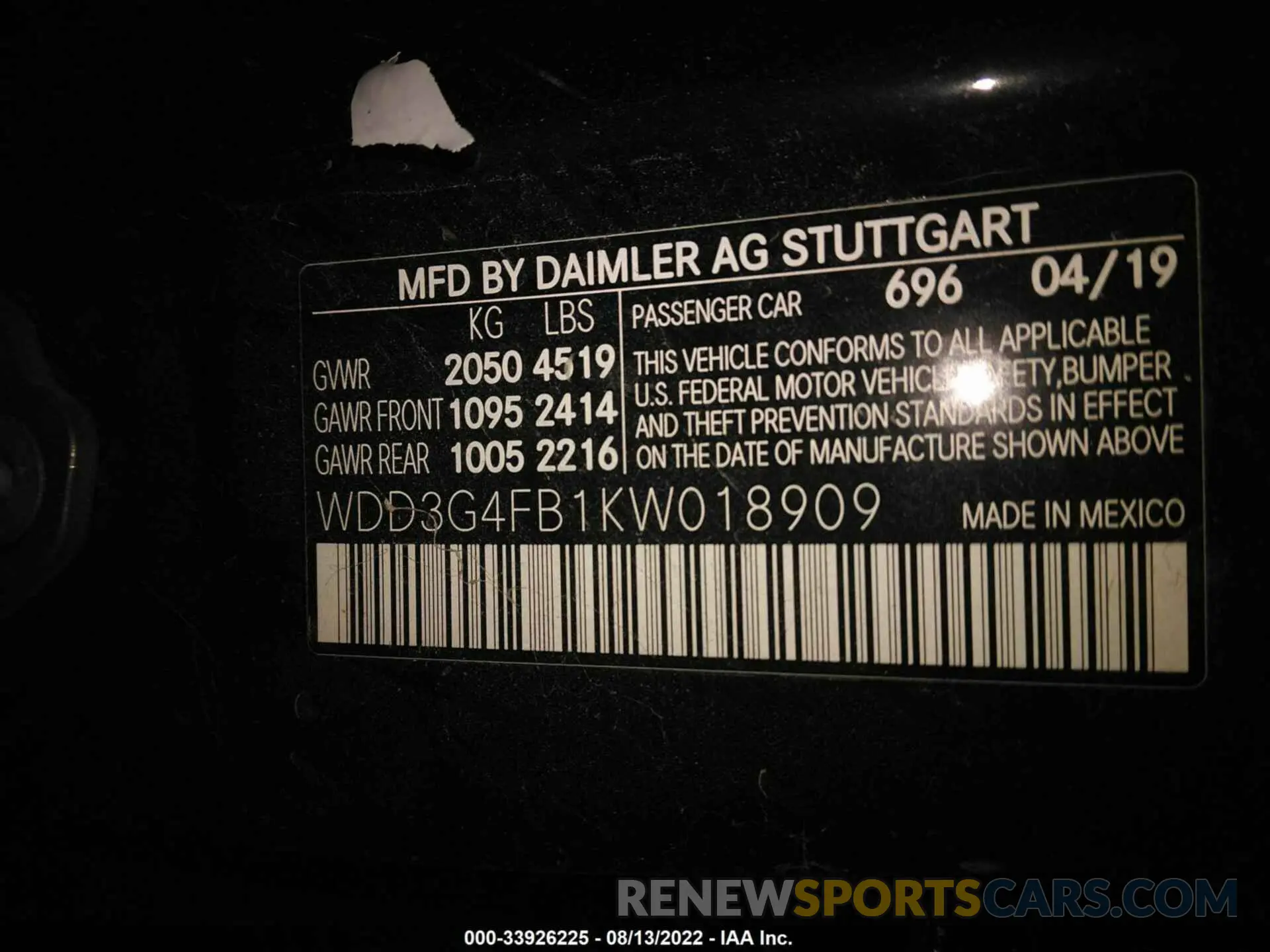 9 fotografías del automóvil dañado 00D3G4FB1KW018909 MERCEDES-BENZ A-CLASS 2019