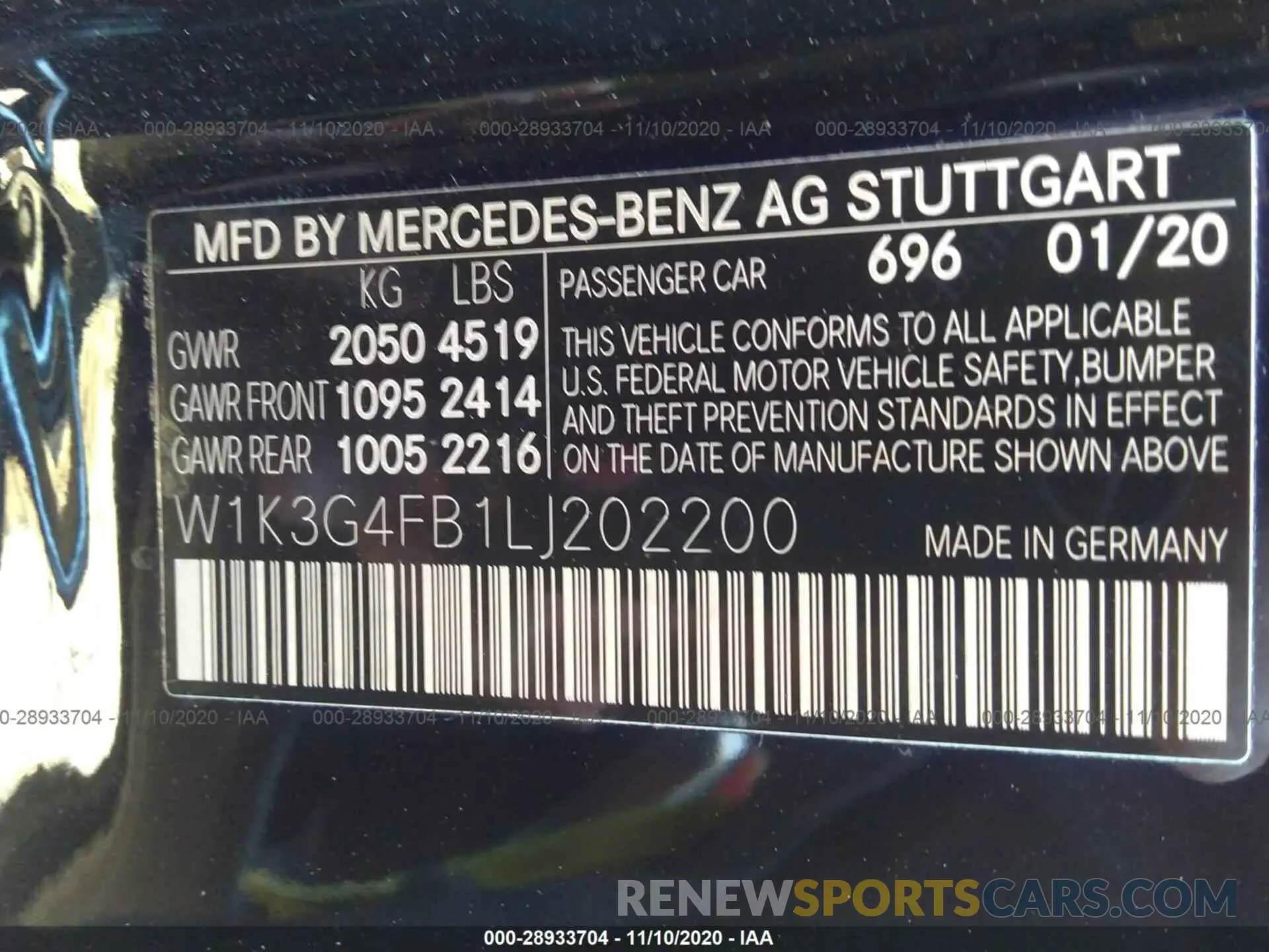 9 fotografías del automóvil dañado W1K3G4FB1LJ202200 MERCEDES-BENZ A-CLASS 2020