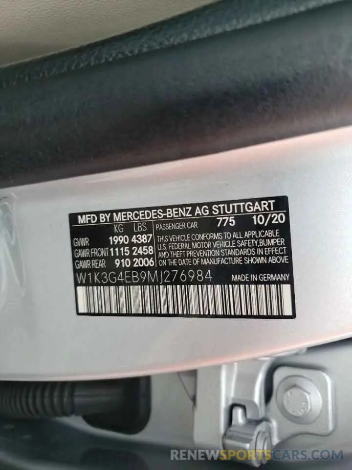 10 fotografías del automóvil dañado W1K3G4EB9MJ276984 MERCEDES-BENZ A-CLASS 2021