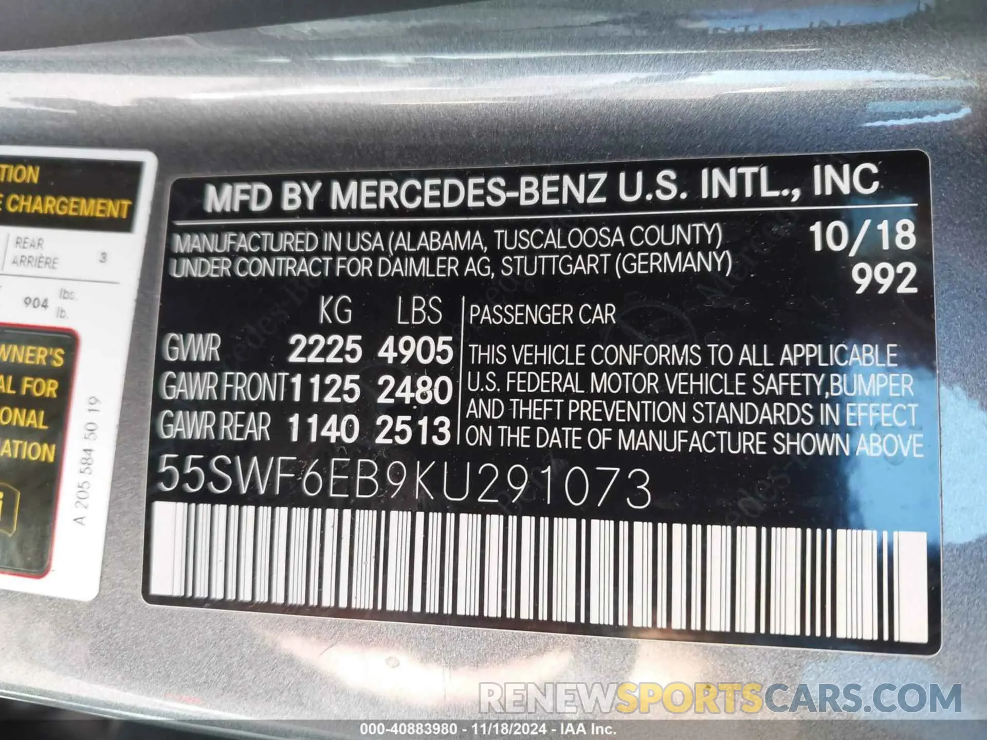 9 fotografías del automóvil dañado 55SWF6EB9KU291073 MERCEDES-BENZ AMG C 43 2019