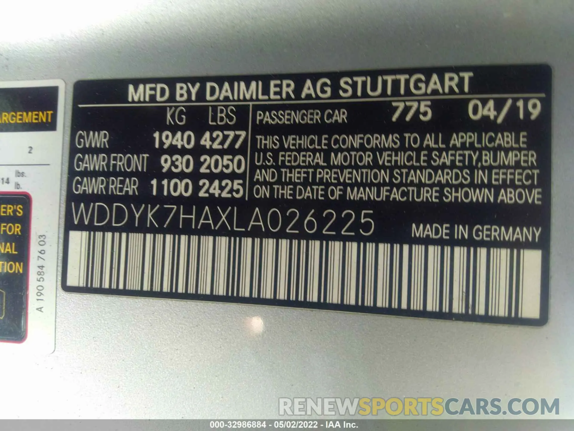 9 fotografías del automóvil dañado WDDYK7HAXLA026225 MERCEDES-BENZ AMG GT 2020