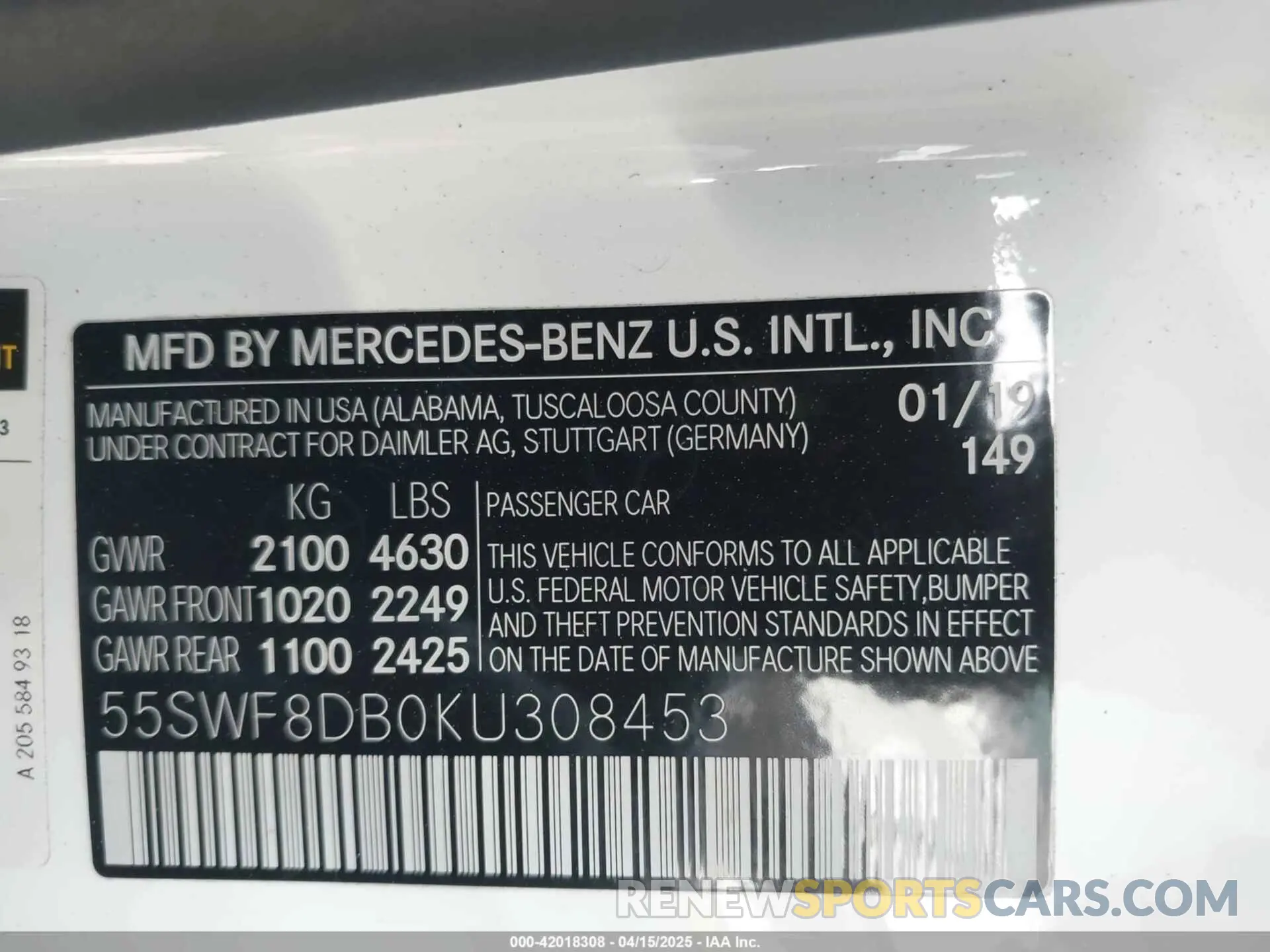 9 fotografías del automóvil dañado 55SWF8DB0KU308453 MERCEDES-BENZ C 300 2019