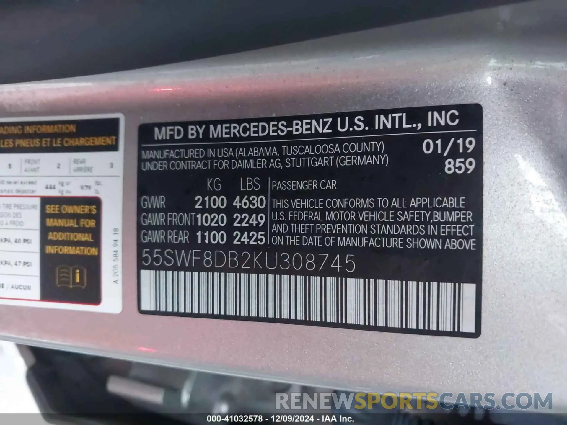 9 fotografías del automóvil dañado 55SWF8DB2KU308745 MERCEDES-BENZ C 300 2019