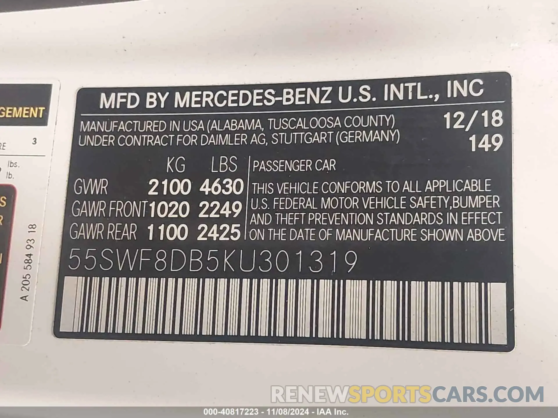 9 fotografías del automóvil dañado 55SWF8DB5KU301319 MERCEDES-BENZ C 300 2019
