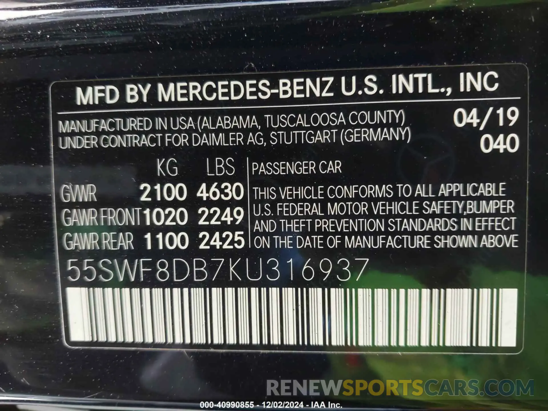 9 fotografías del automóvil dañado 55SWF8DB7KU316937 MERCEDES-BENZ C 300 2019