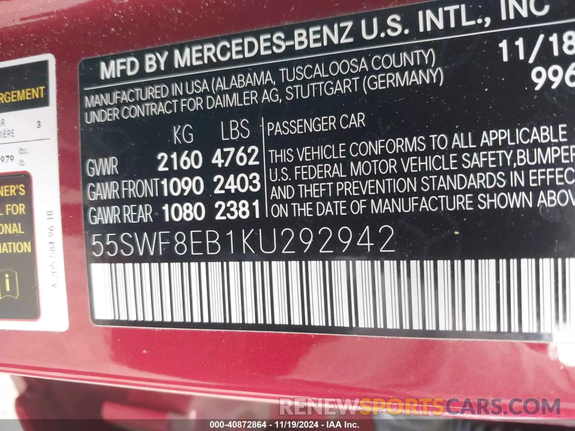 9 fotografías del automóvil dañado 55SWF8EB1KU292942 MERCEDES-BENZ C 300 2019
