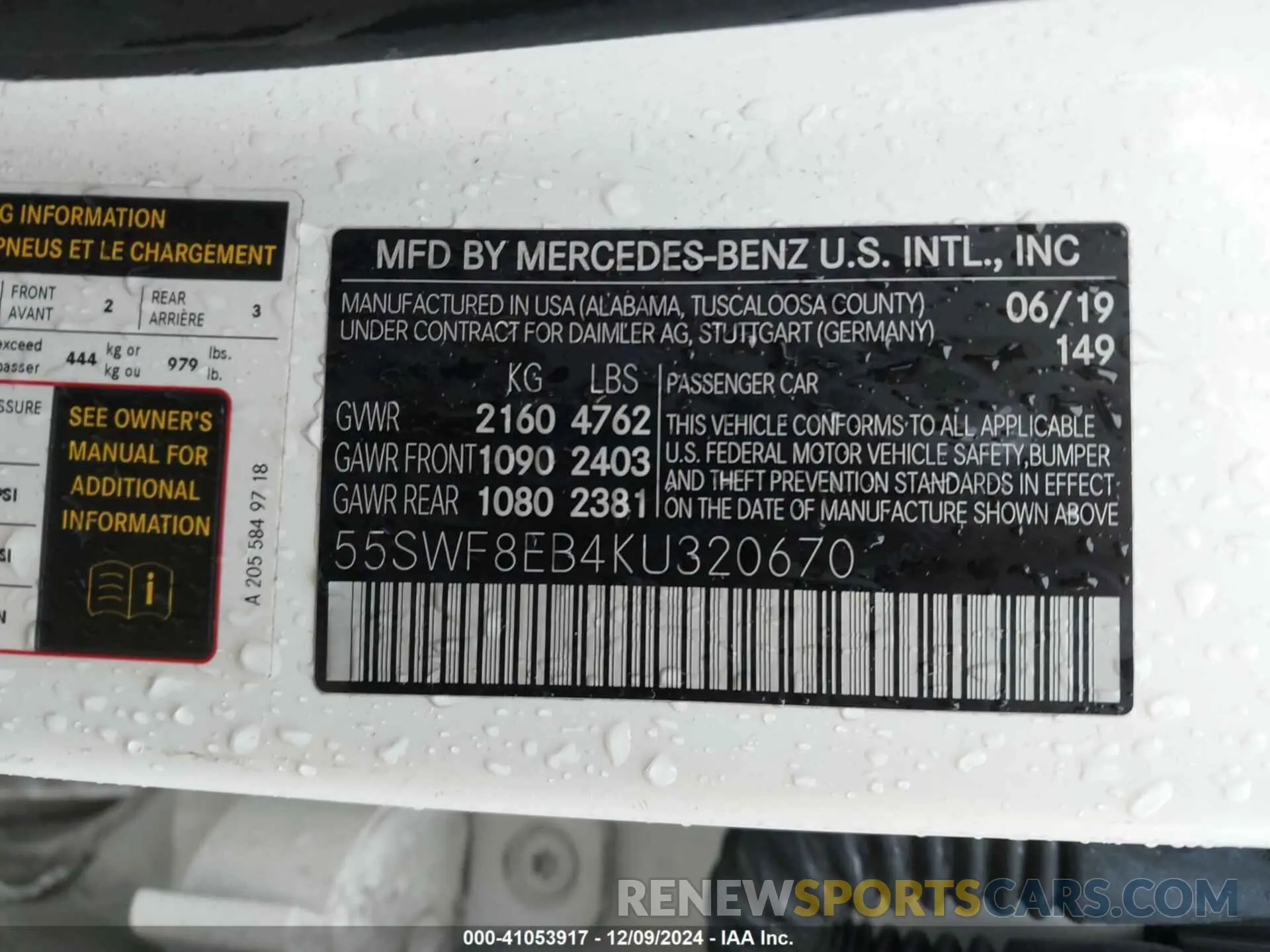 9 fotografías del automóvil dañado 55SWF8EB4KU320670 MERCEDES-BENZ C 300 2019