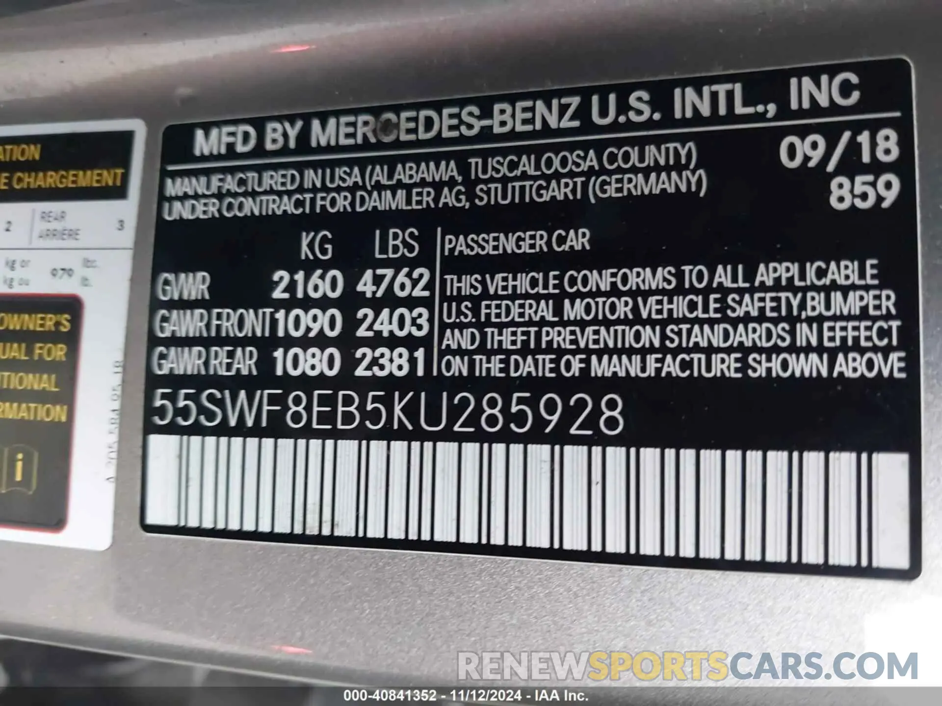 9 fotografías del automóvil dañado 55SWF8EB5KU285928 MERCEDES-BENZ C 300 2019