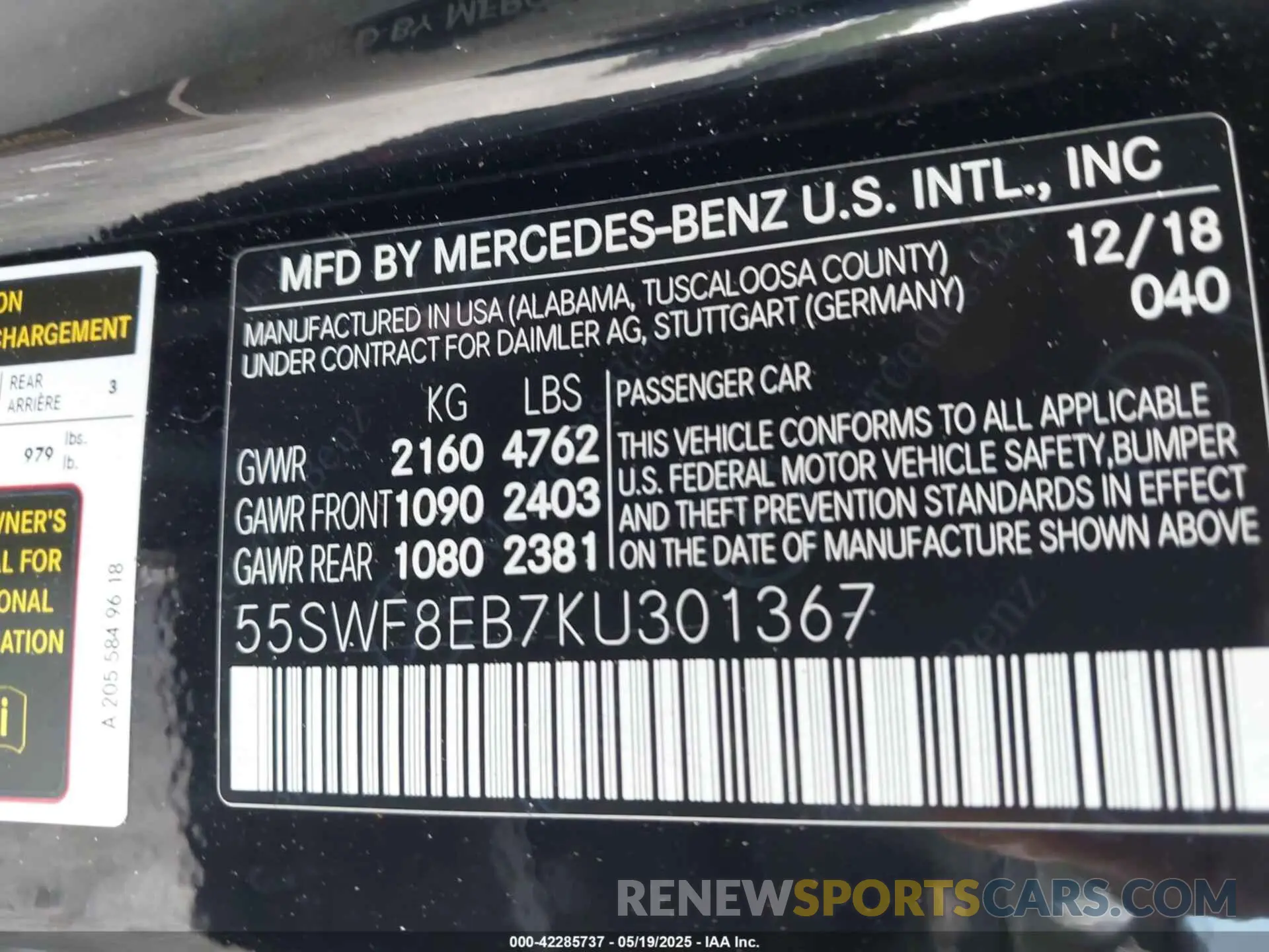 9 fotografías del automóvil dañado 55SWF8EB7KU301367 MERCEDES-BENZ C 300 2019