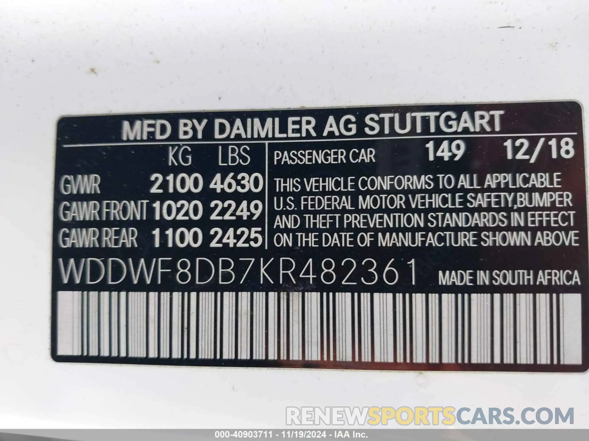 9 fotografías del automóvil dañado WDDWF8DB7KR482361 MERCEDES-BENZ C 300 2019