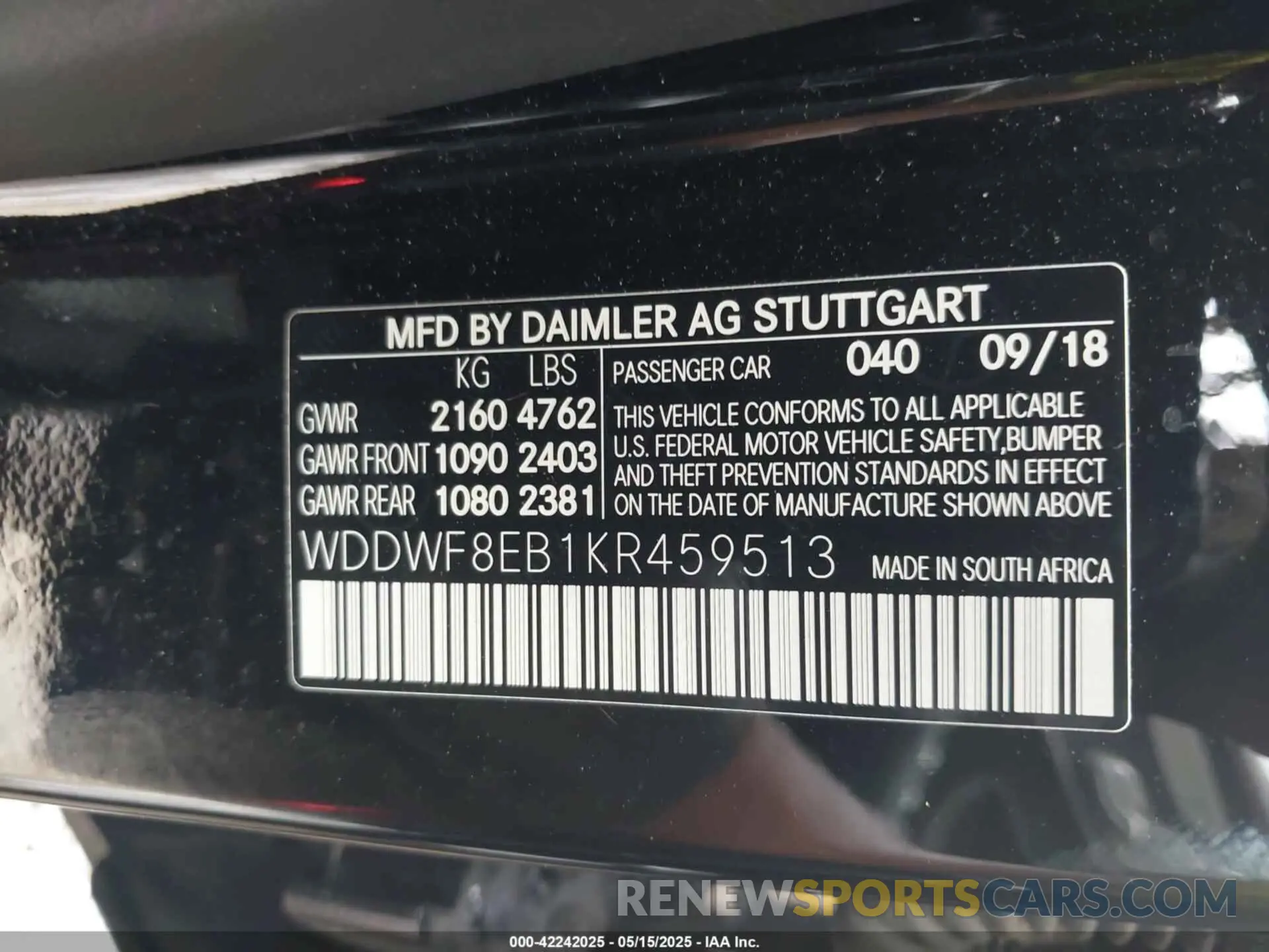9 fotografías del automóvil dañado WDDWF8EB1KR459513 MERCEDES-BENZ C 300 2019