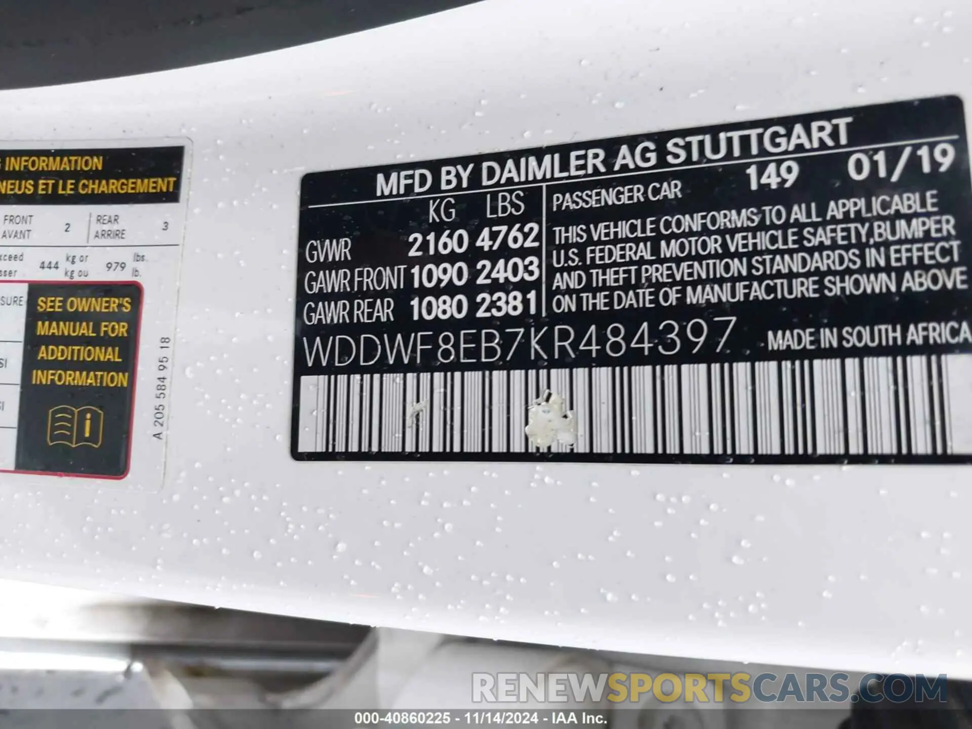 9 fotografías del automóvil dañado WDDWF8EB7KR484397 MERCEDES-BENZ C 300 2019