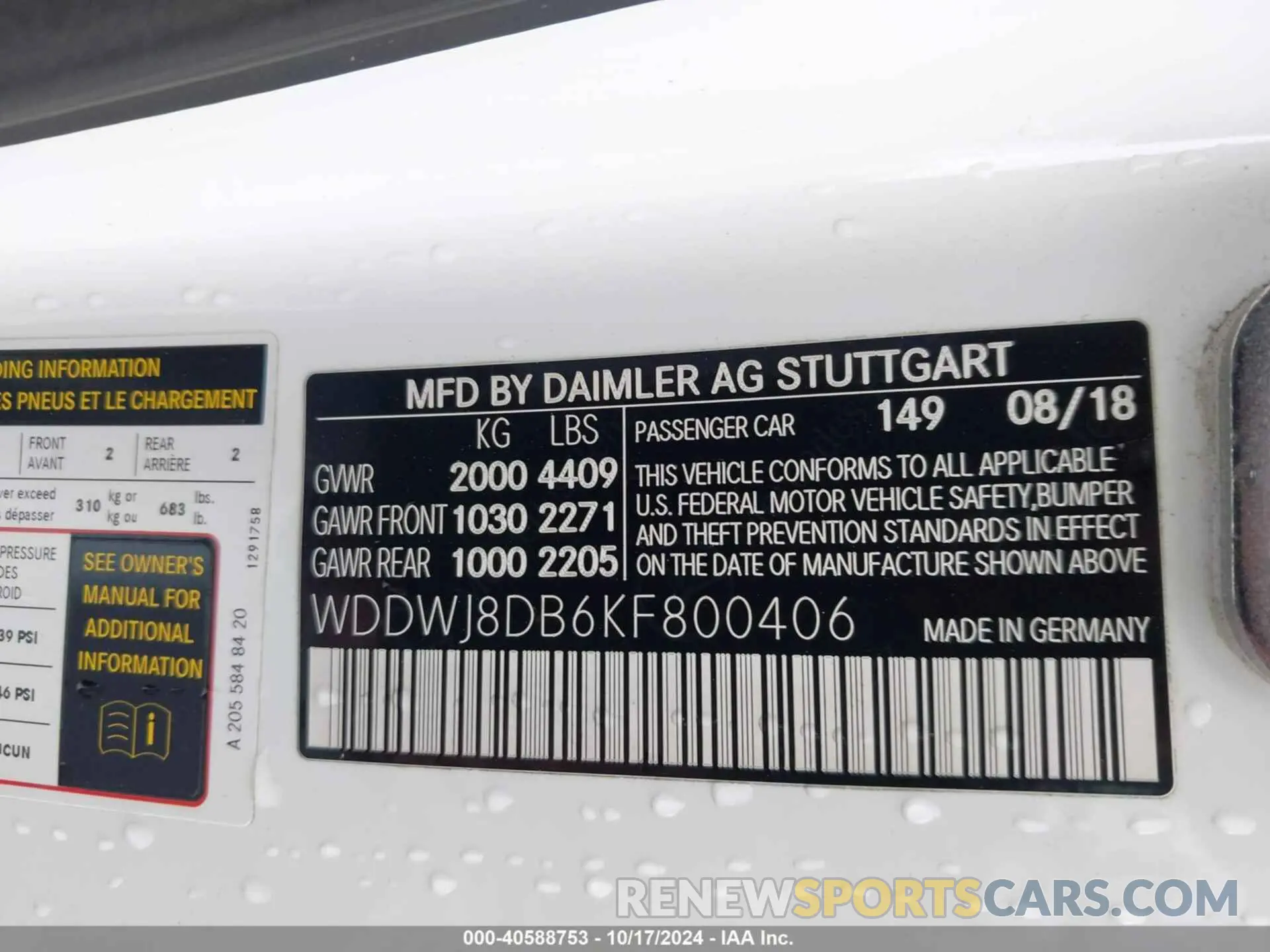 9 fotografías del automóvil dañado WDDWJ8DB6KF800406 MERCEDES-BENZ C 300 2019