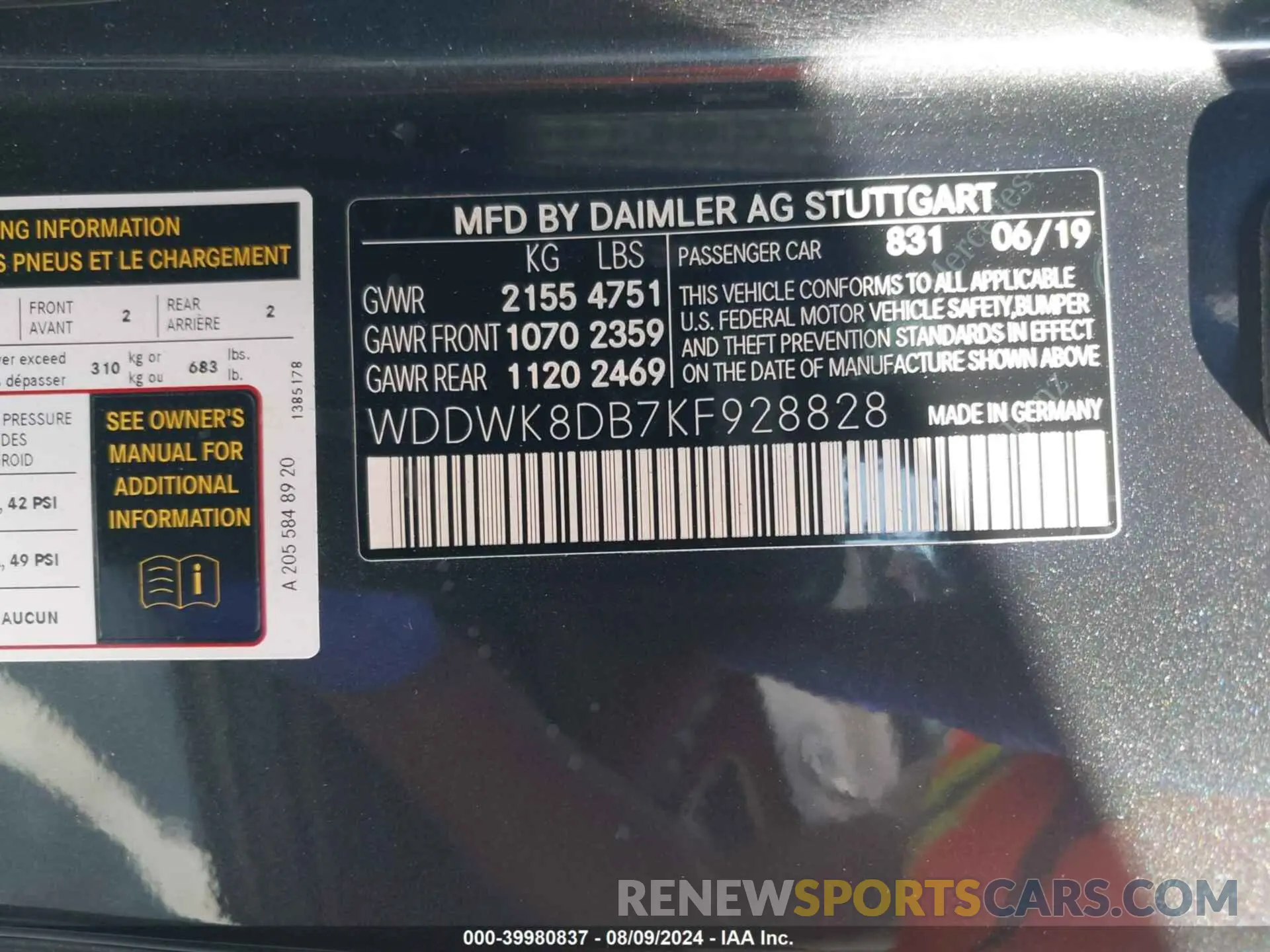 9 fotografías del automóvil dañado WDDWK8DB7KF928828 MERCEDES-BENZ C 300 2019