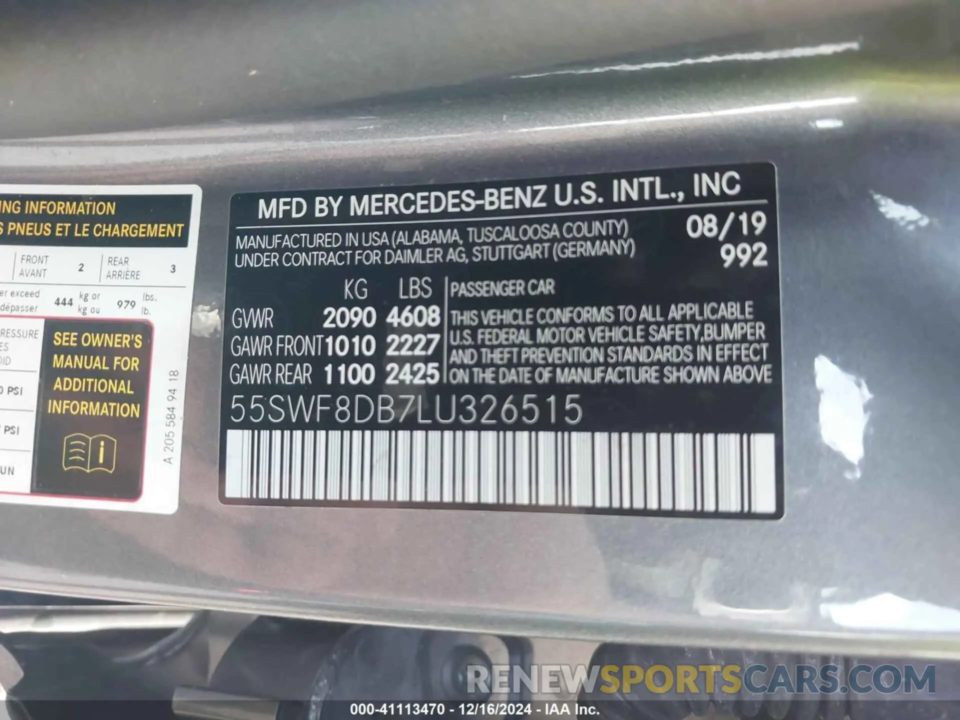 9 fotografías del automóvil dañado 55SWF8DB7LU326515 MERCEDES-BENZ C 300 2020