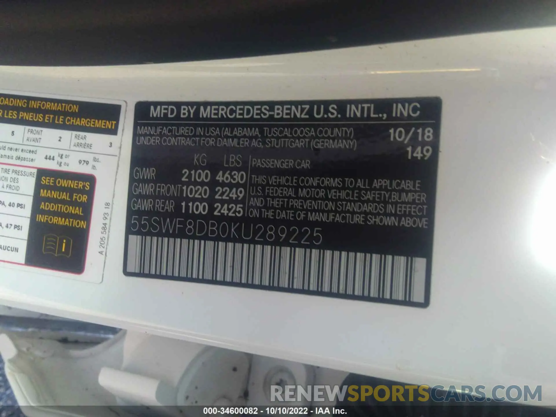 9 fotografías del automóvil dañado 55SWF8DB0KU289225 MERCEDES-BENZ C-CLASS 2019