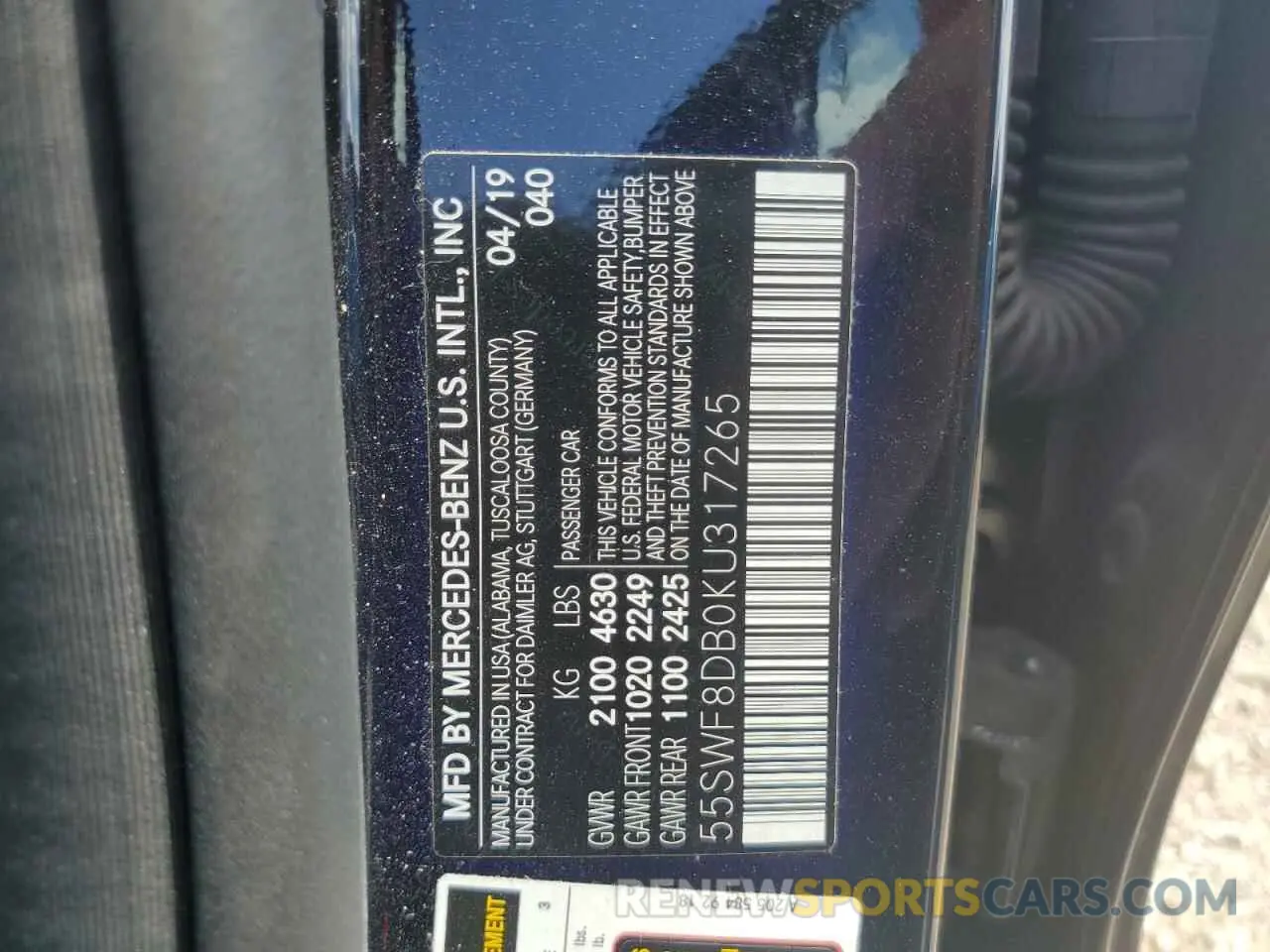 12 fotografías del automóvil dañado 55SWF8DB0KU317265 MERCEDES-BENZ C-CLASS 2019