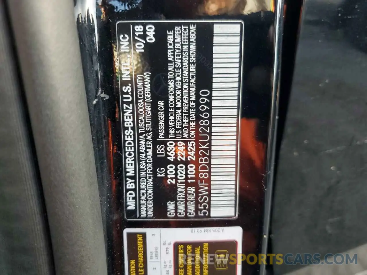 15 fotografías del automóvil dañado 55SWF8DB2KU286990 MERCEDES-BENZ C-CLASS 2019