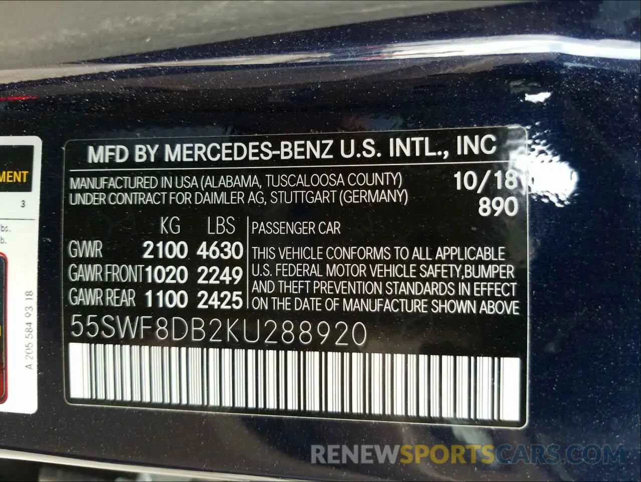 10 fotografías del automóvil dañado 55SWF8DB2KU288920 MERCEDES-BENZ C-CLASS 2019